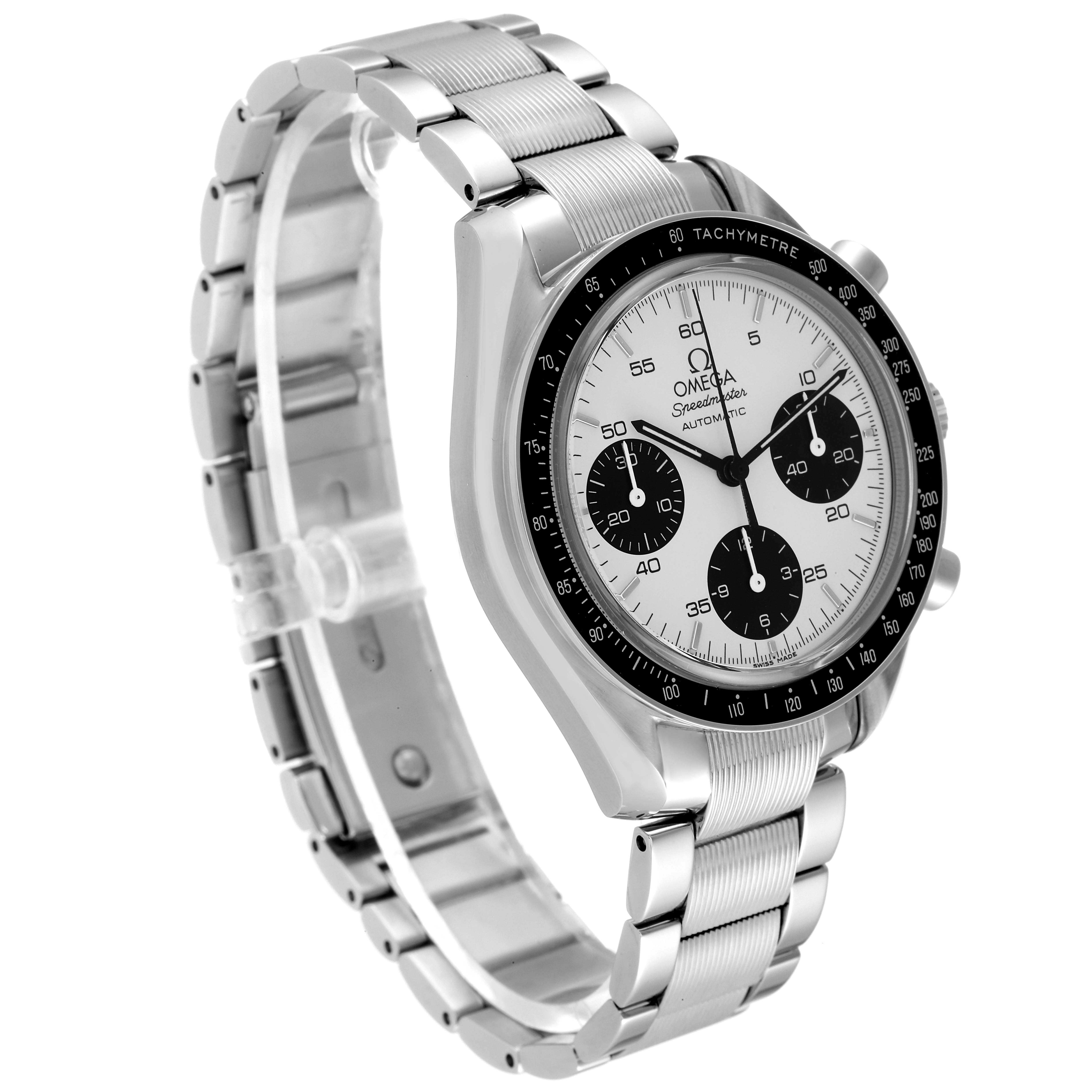 The Omega Speedmaster 3539.31.00 Men's Stainless Steel Silver Dial 3539.31.00 Men's Stainless Steel Silver Dial watch is shown at a three-quarter angle highlighting the face, tachymeter bezel, and stainless steel bracelet.