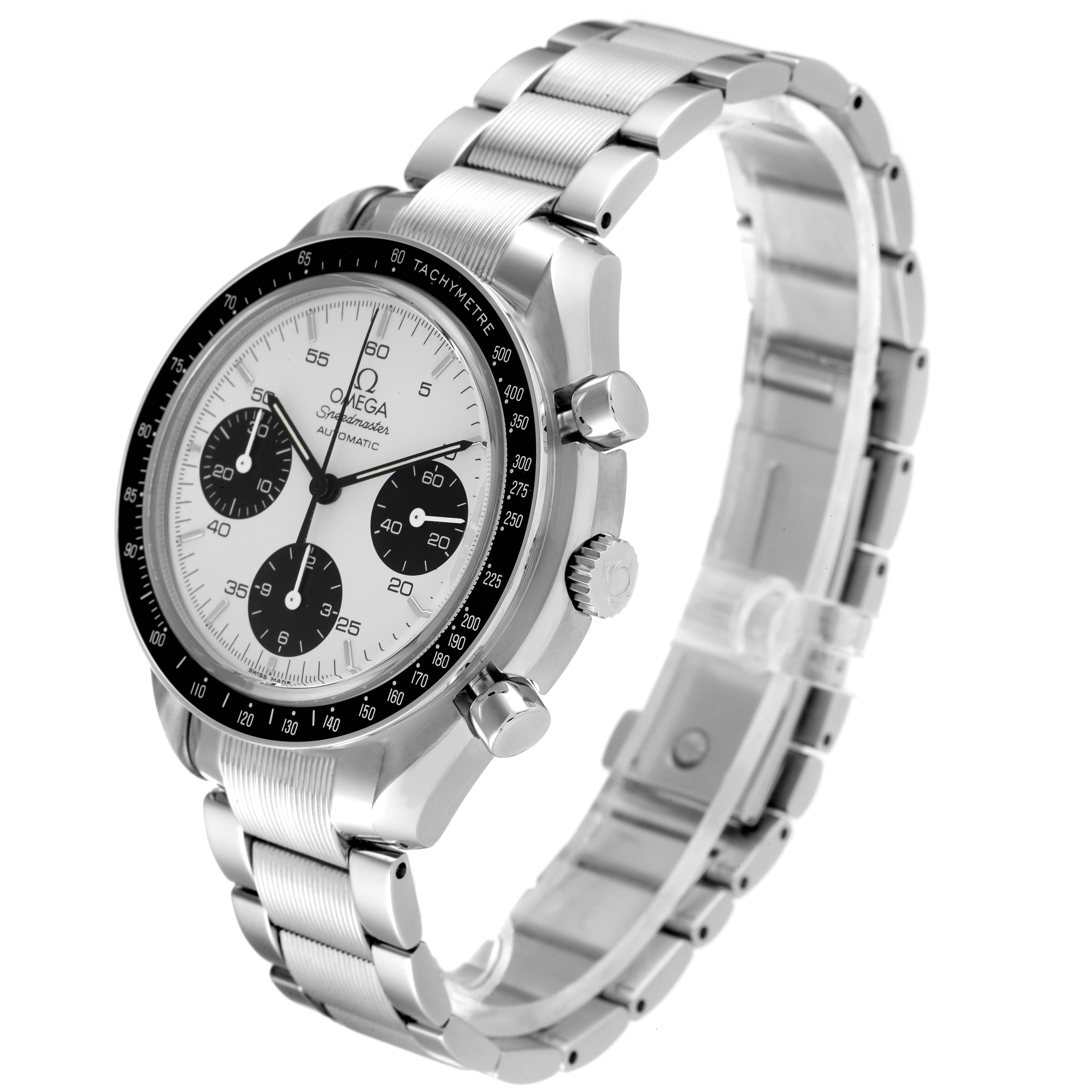 The image shows the Omega Speedmaster 3539.31.00 Men's Stainless Steel Silver Dial 3539.31.00 Men's Stainless Steel Silver Dial watch from a front angle, highlighting its face, bezel, crown, and stainless steel bracelet.