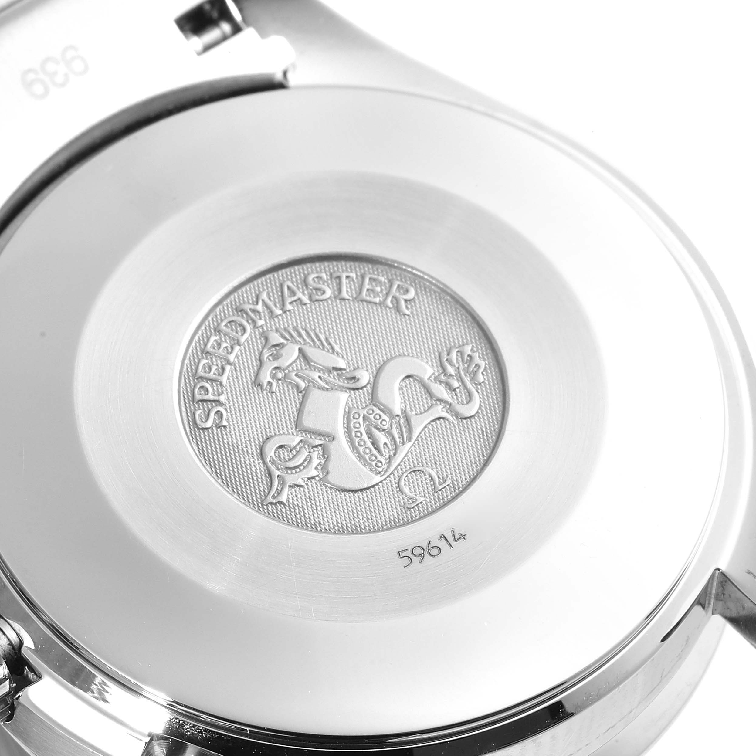 This image shows the engraved case back of an Omega Speedmaster 3539.31.00 Men's Stainless Steel Silver Dial 3539.31.00 Men's Stainless Steel Silver Dial watch.