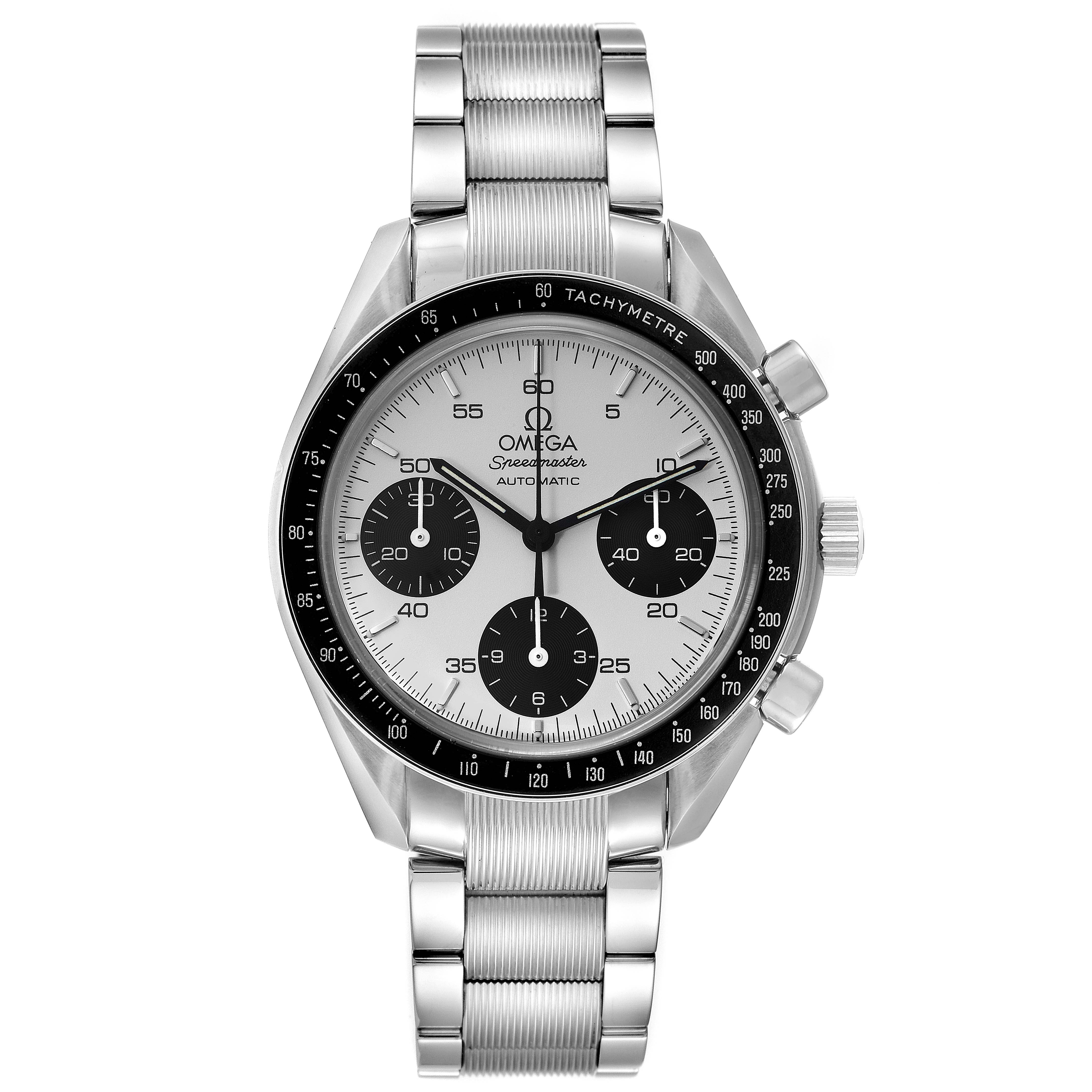 The image shows a frontal view of the Omega Speedmaster 3539.31.00 Men's Stainless Steel Silver Dial 3539.31.00 Men's Stainless Steel Silver Dial watch, highlighting its dial, bezel, and bracelet.
