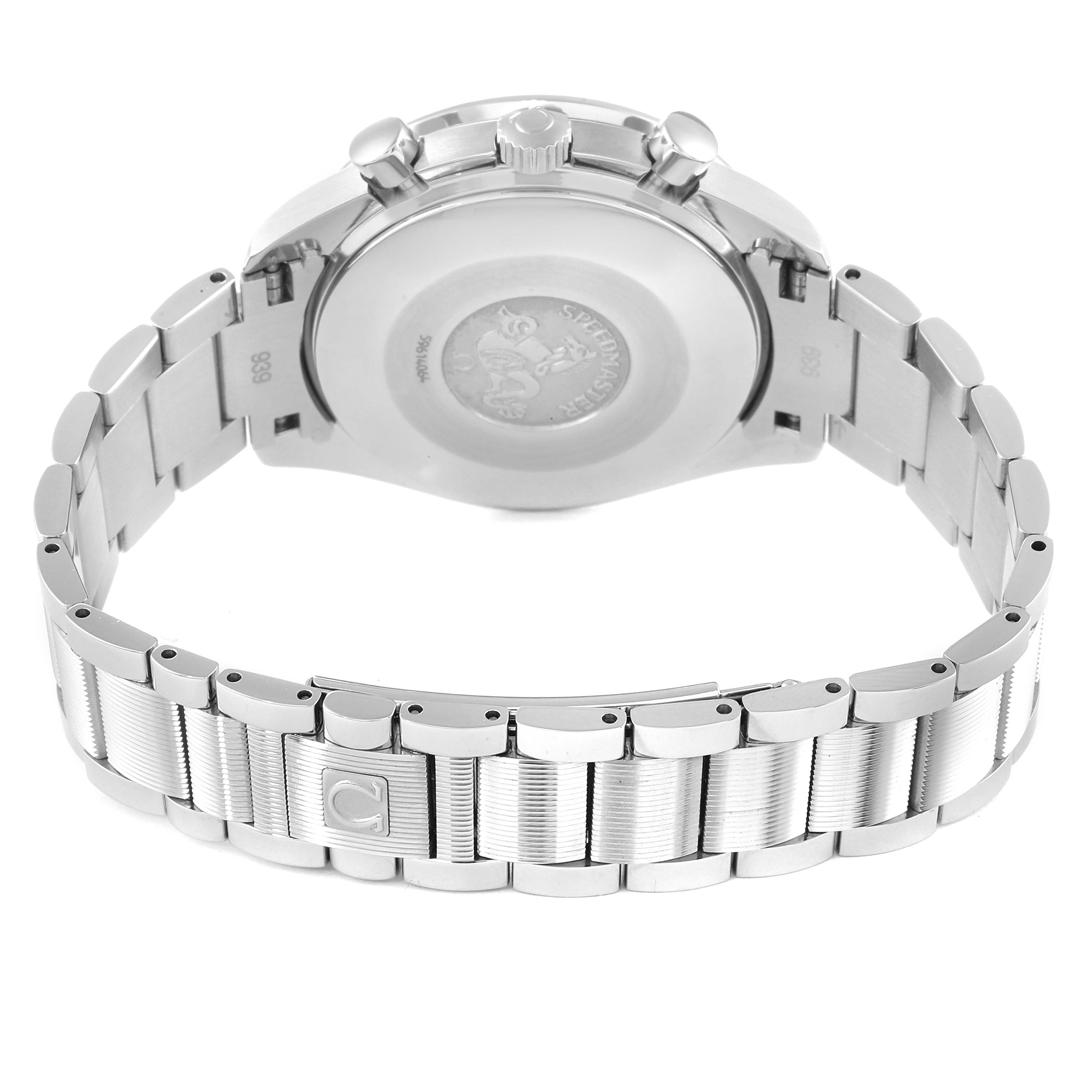 The image shows the back and bracelet of an Omega Speedmaster 3539.31.00 Men's Stainless Steel Silver Dial 3539.31.00 Men's Stainless Steel Silver Dial watch at a rear angle.