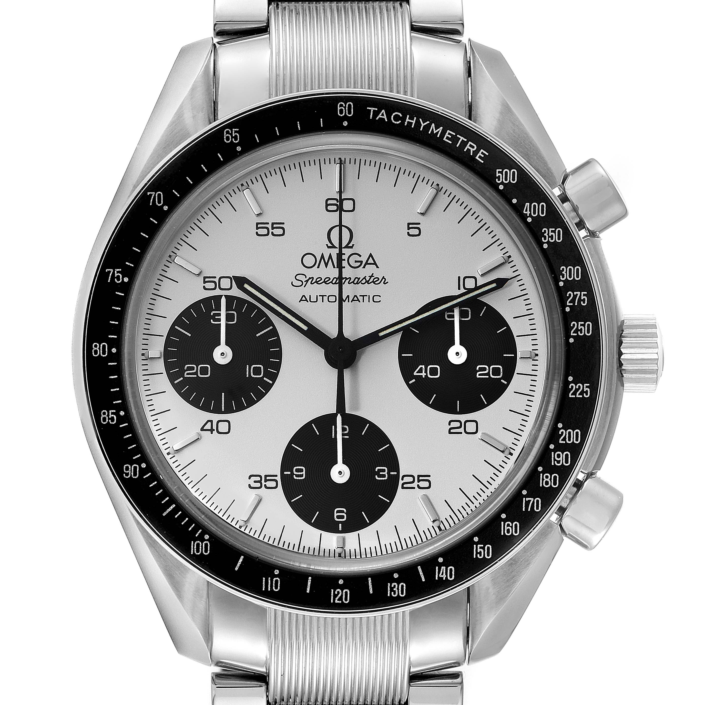 The image shows a frontal view of an Omega Speedmaster 3539.31.00 Men's Stainless Steel Silver Dial 3539.31.00 Men's Stainless Steel Silver Dial watch, highlighting its dial, tachymeter bezel, and chronograph sub-dials.