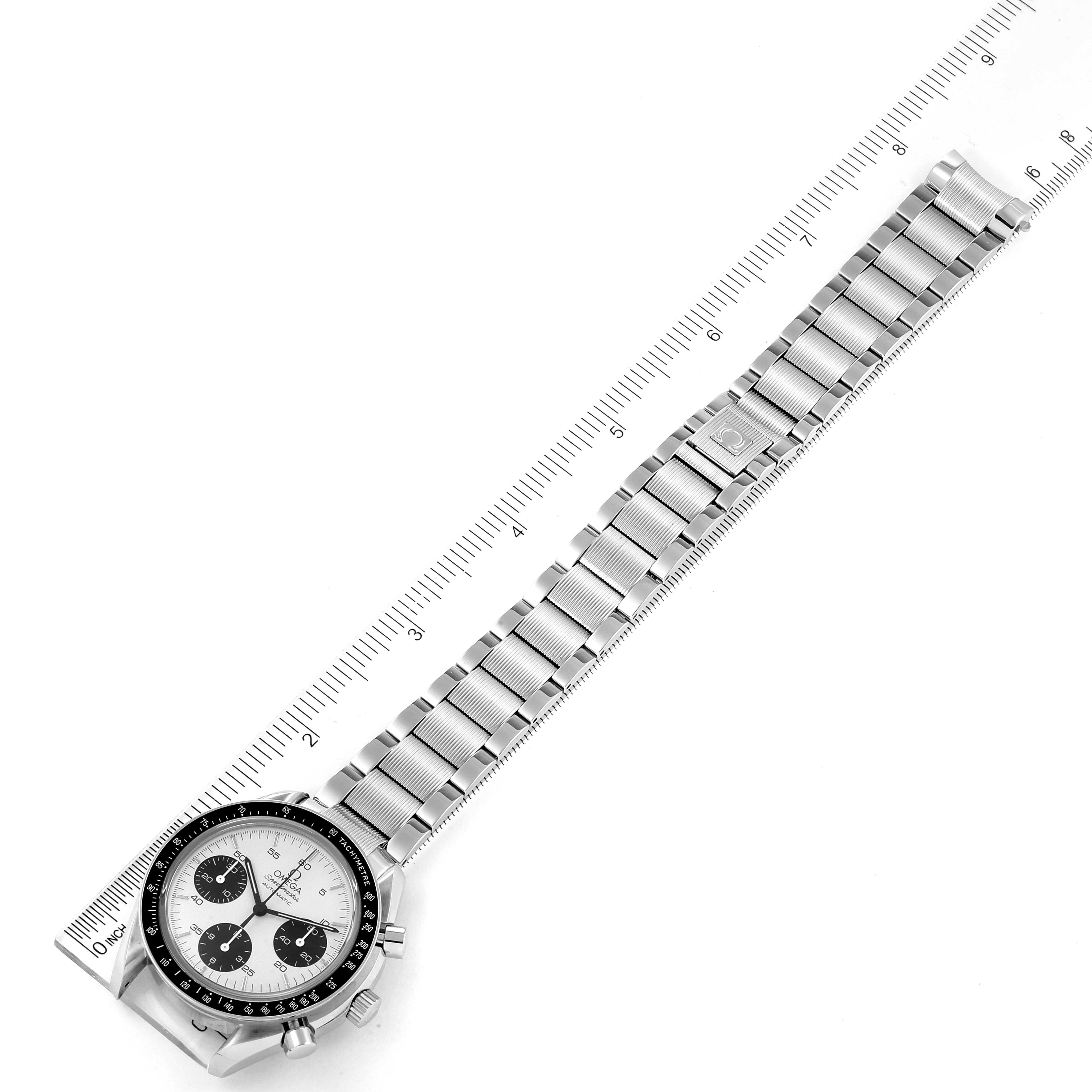 The image shows an Omega Speedmaster 3539.31.00 Men's Stainless Steel Silver Dial 3539.31.00 Men's Stainless Steel Silver Dial watch, with the full bracelet measured alongside a ruler, viewed from above.
