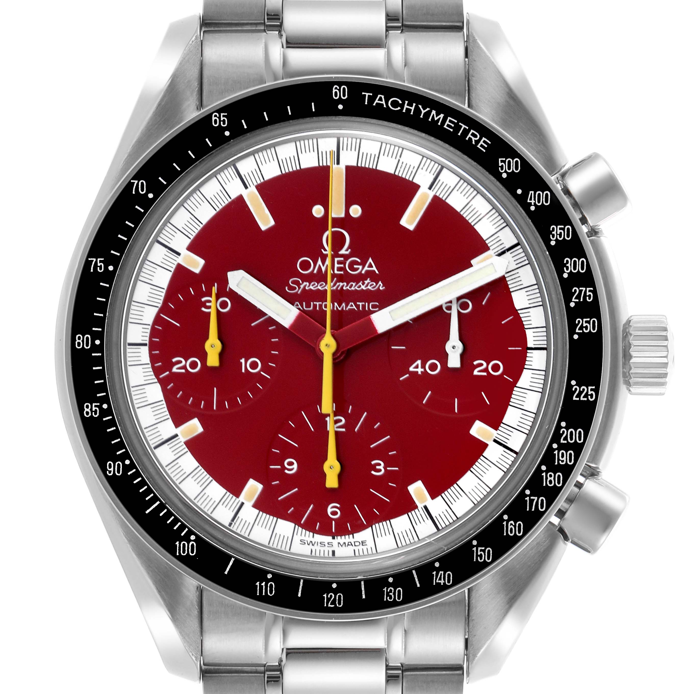 The Omega Speedmaster 3510.61.00 Men's Stainless Steel Red Dial 3510.61.00 Men's Stainless Steel Red Dial watch is shown from the front, highlighting the dial, tachymeter, and stainless steel bracelet.