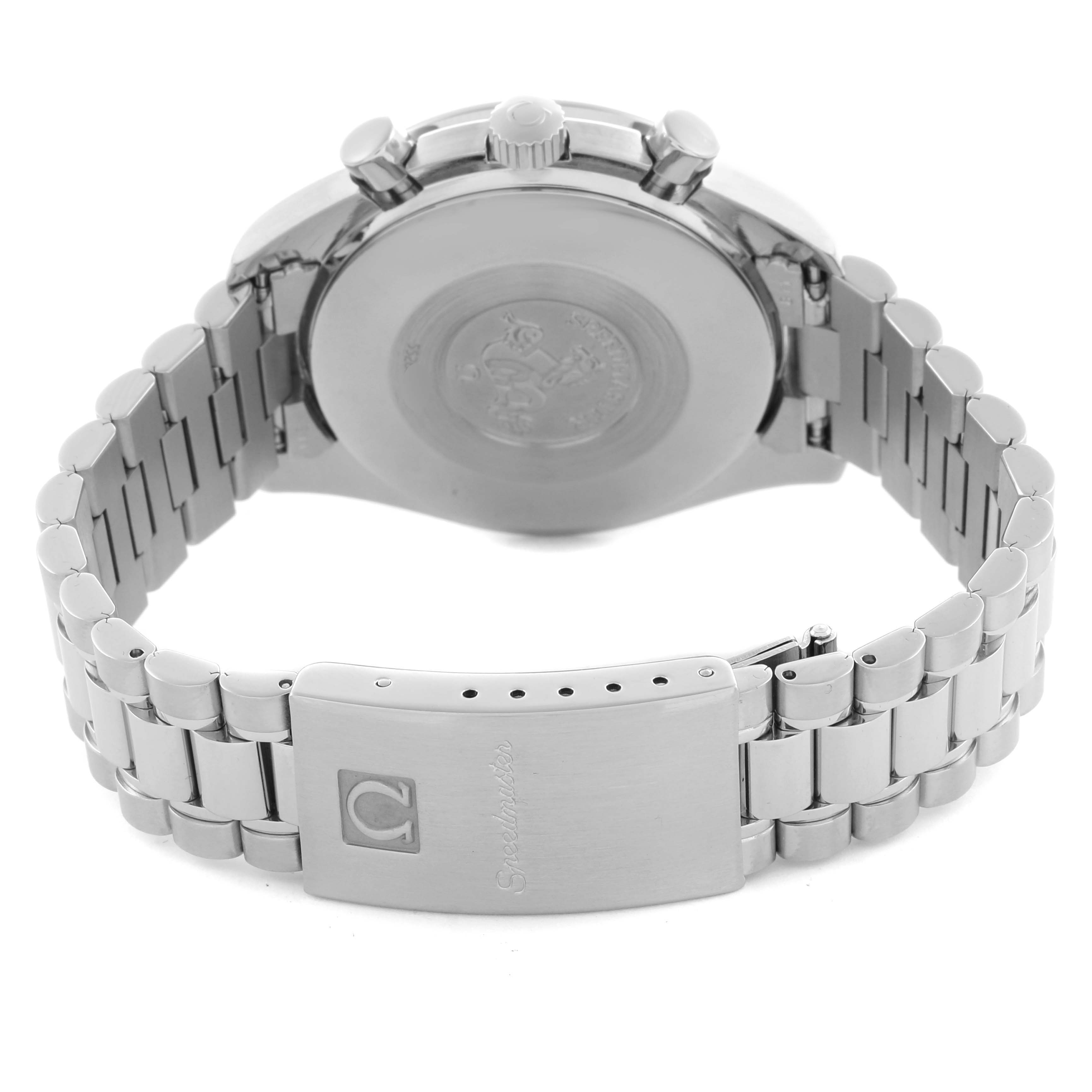 The image shows the back of an Omega Speedmaster 3510.61.00 Men's Stainless Steel Red Dial 3510.61.00 Men's Stainless Steel Red Dial watch, highlighting the clasp, bracelet, and case back.