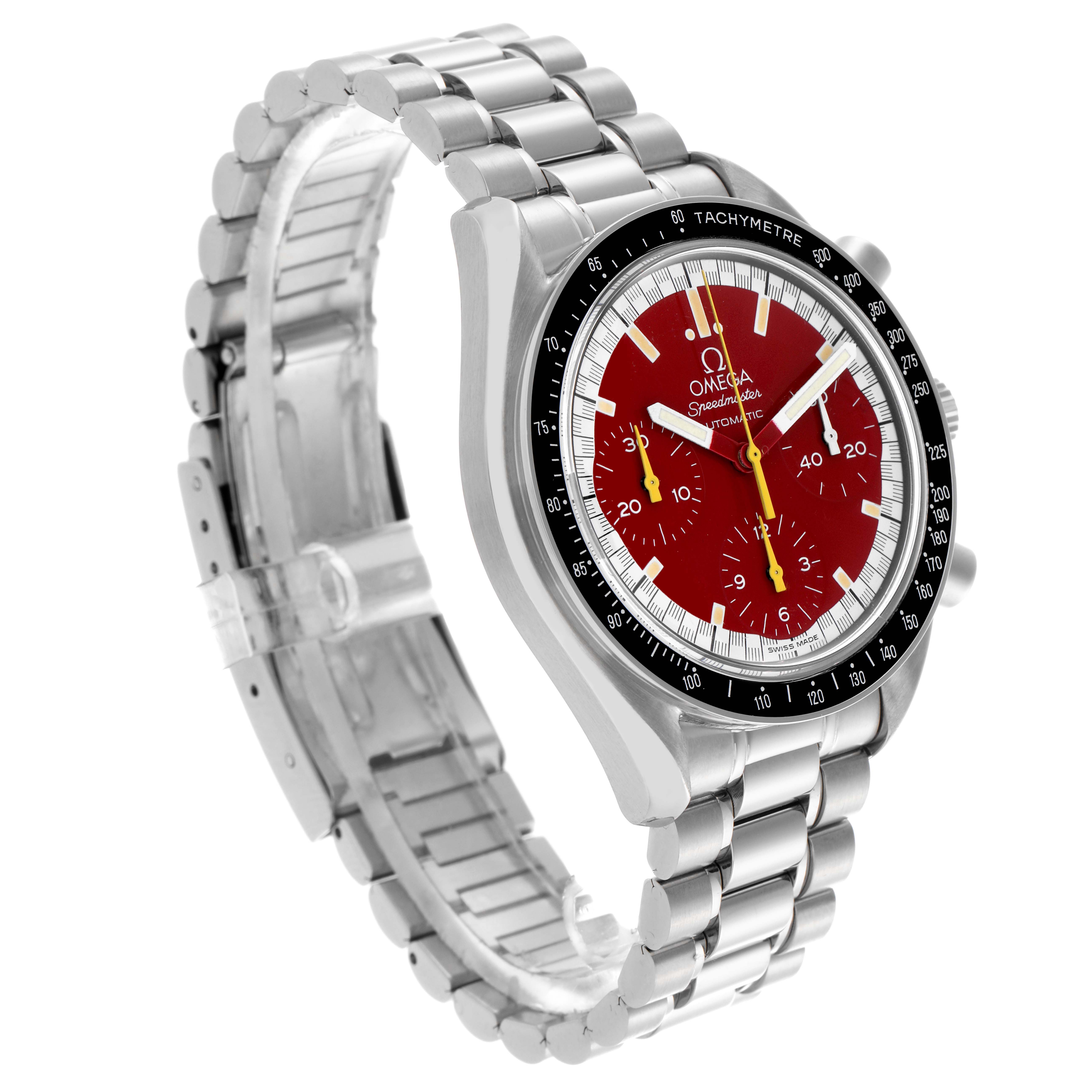 The Omega Speedmaster 3510.61.00 Men's Stainless Steel Red Dial 3510.61.00 Men's Stainless Steel Red Dial watch is shown in a three-quarter angle, displaying the red dial, tachymeter bezel, and metal bracelet.
