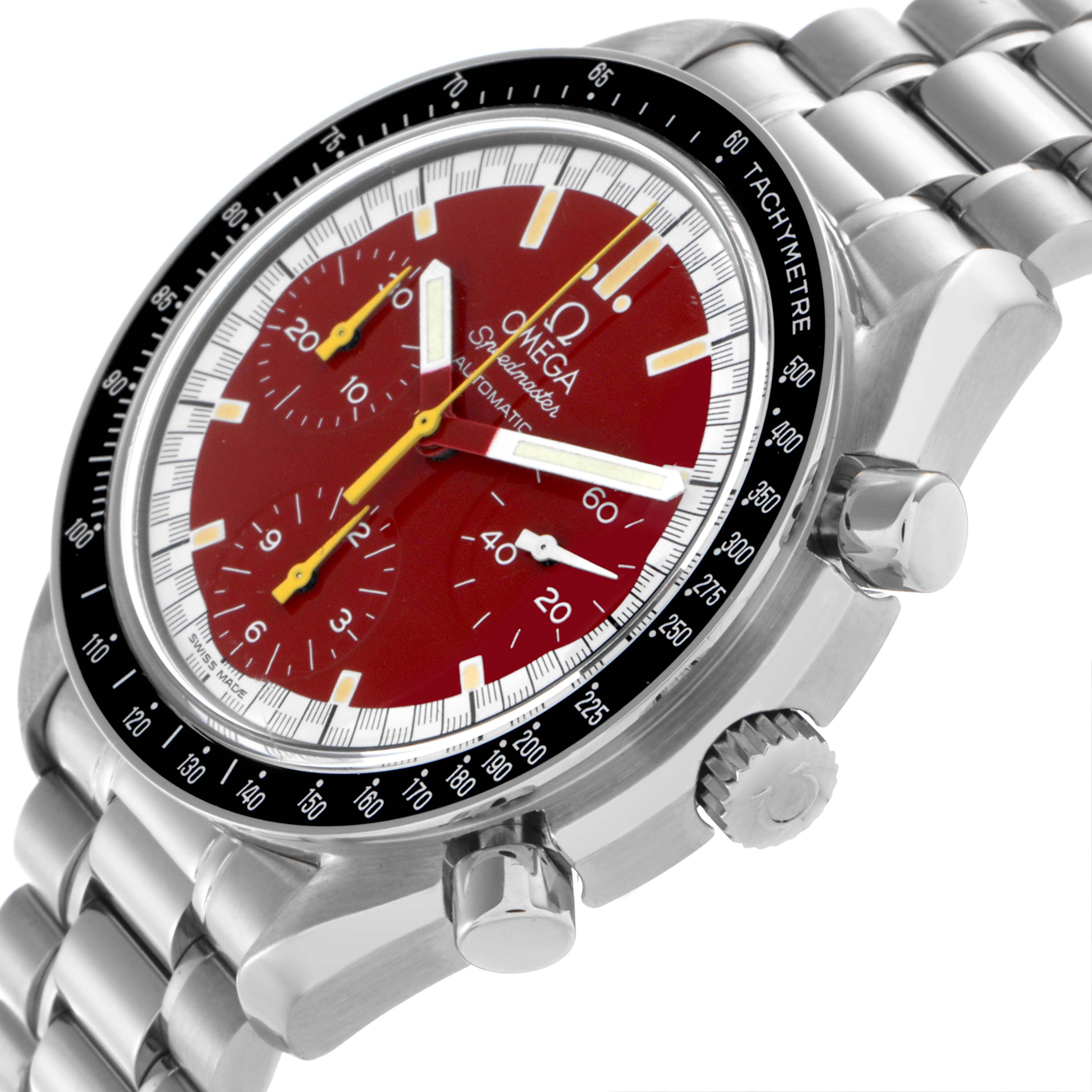 The Omega Speedmaster 3510.61.00 Men's Stainless Steel Red Dial 3510.61.00 Men's Stainless Steel Red Dial watch is shown at an angled side view, displaying the red dial, bezel, pushers, crown, and bracelet.