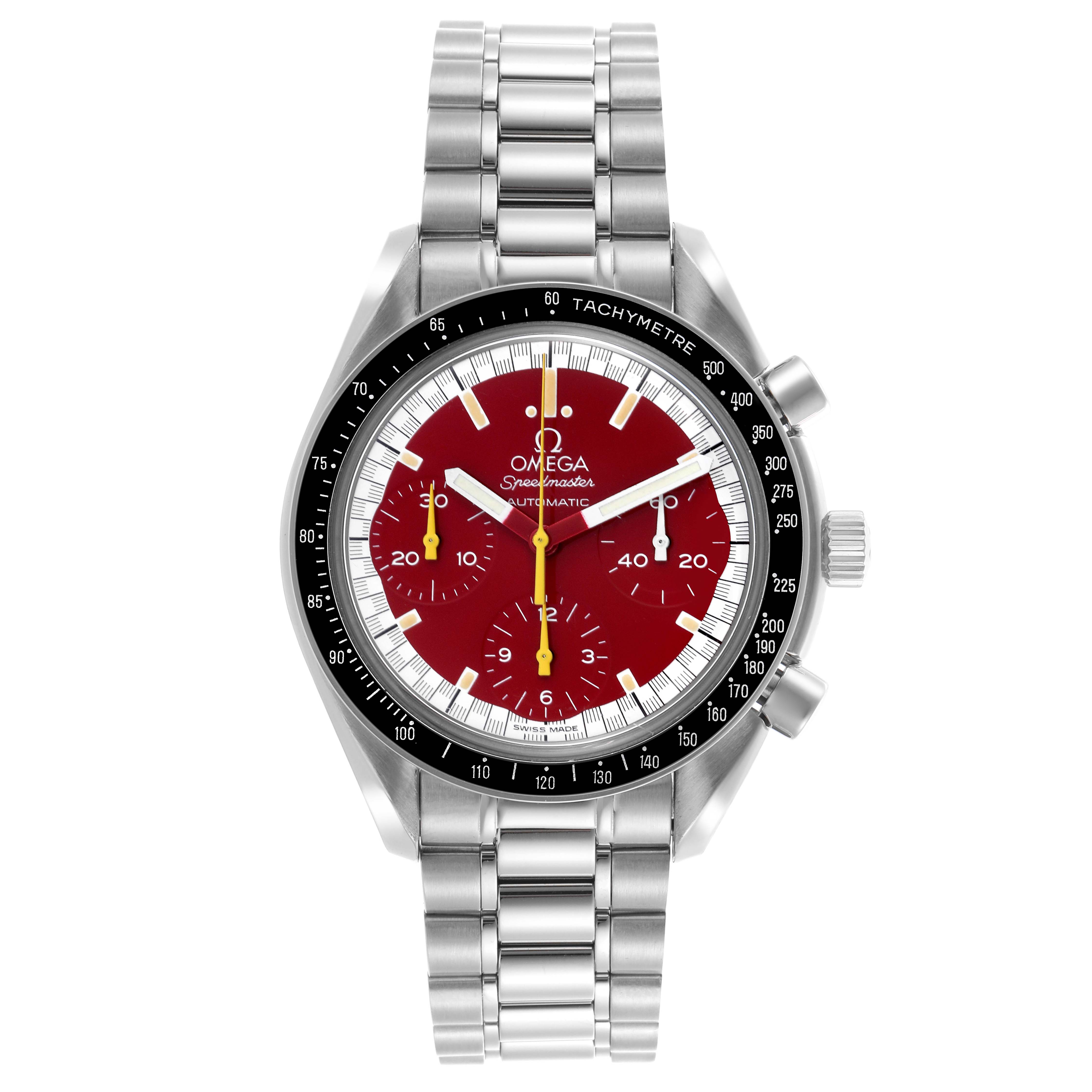 The Omega Speedmaster 3510.61.00 Men's Stainless Steel Red Dial 3510.61.00 Men's Stainless Steel Red Dial model is shown from the front, displaying the dial, bezel, pushers, and bracelet.