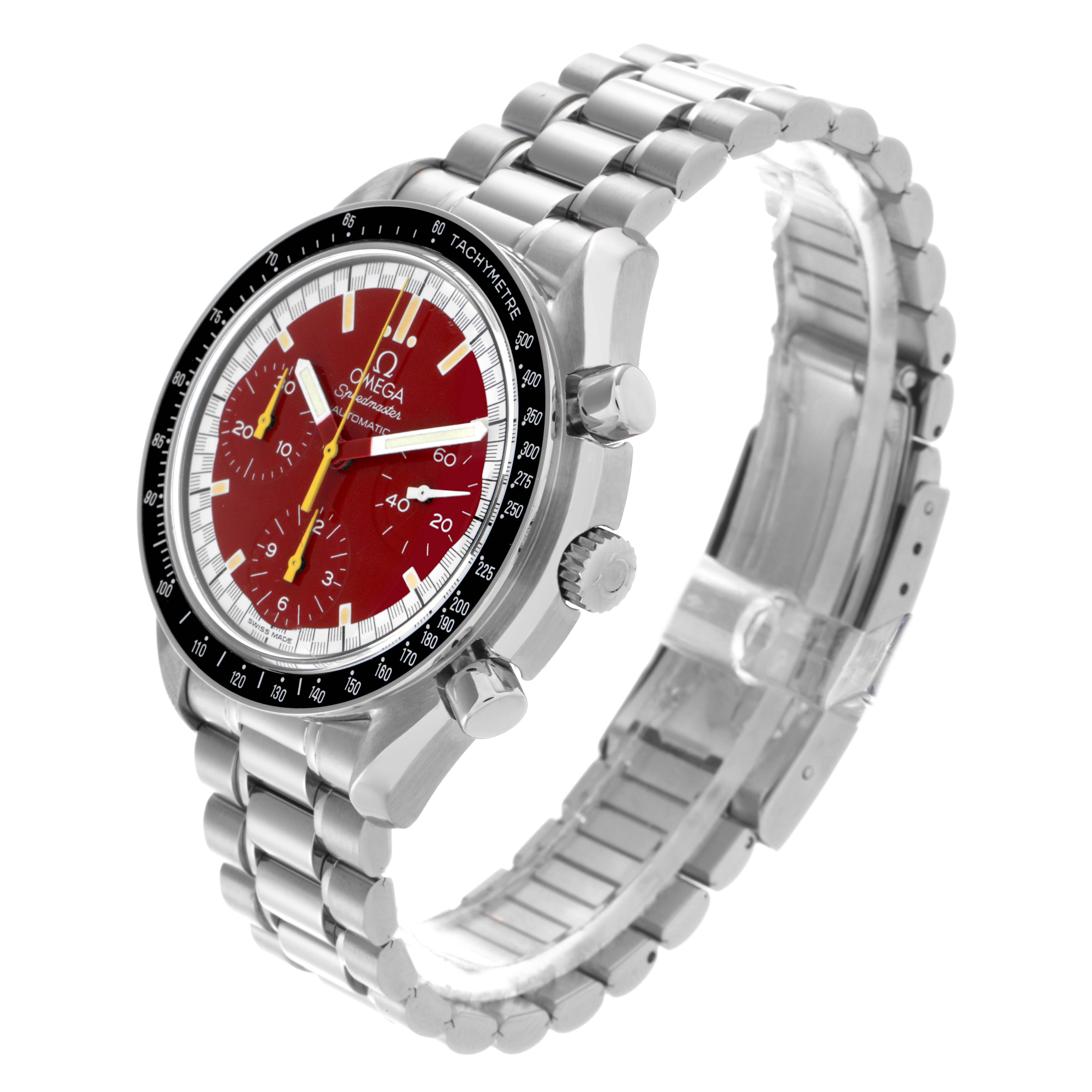 The Omega Speedmaster 3510.61.00 Men's Stainless Steel Red Dial 3510.61.00 Men's Stainless Steel Red Dial watch is shown at an oblique angle, highlighting the bracelet, bezel, and case details.