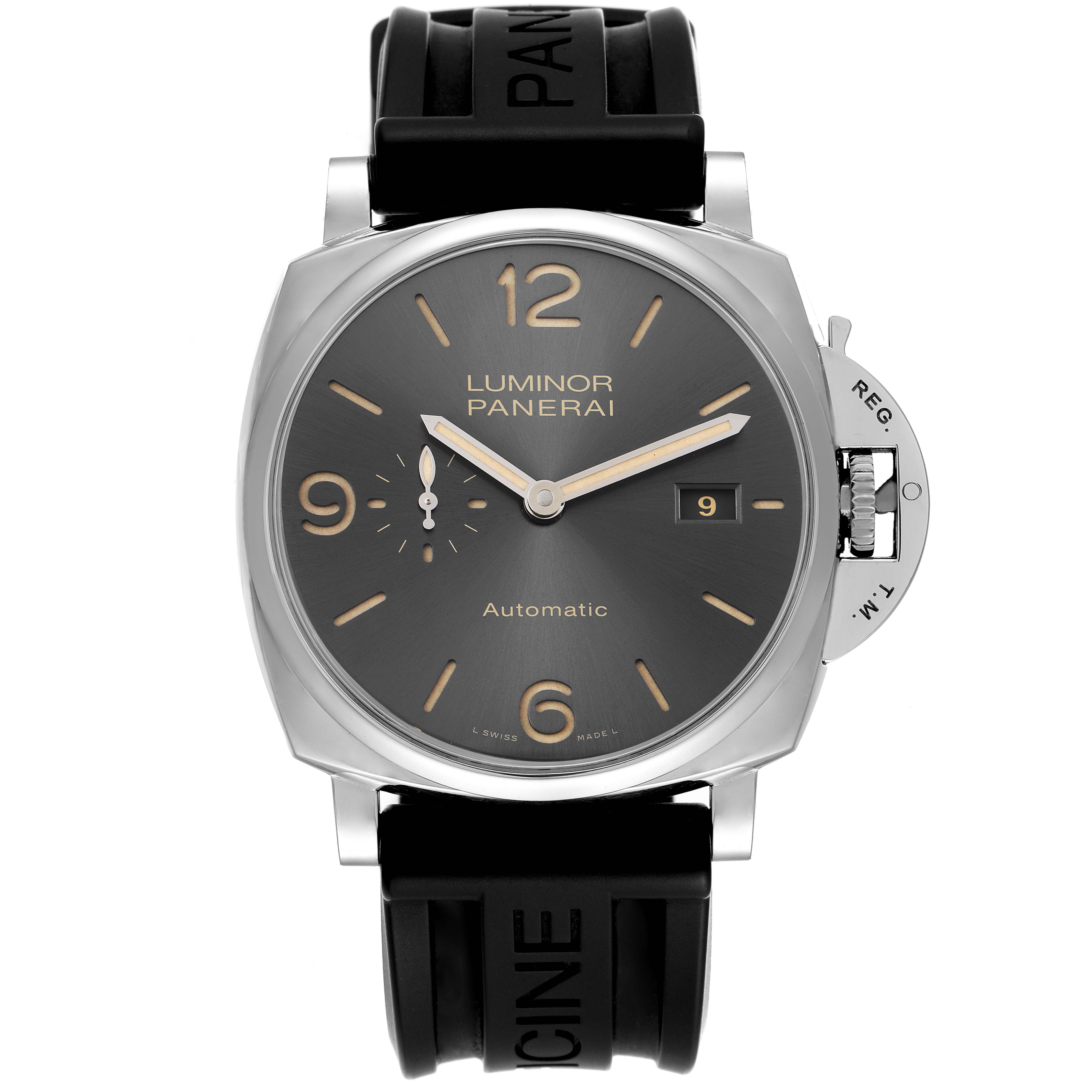 This image shows a frontal view of the Panerai Luminor Due PAM00943 Men's Stainless Steel Black Dial PAM00943 Men's Stainless Steel Black Dial watch, highlighting its dial, crown guard, and strap.