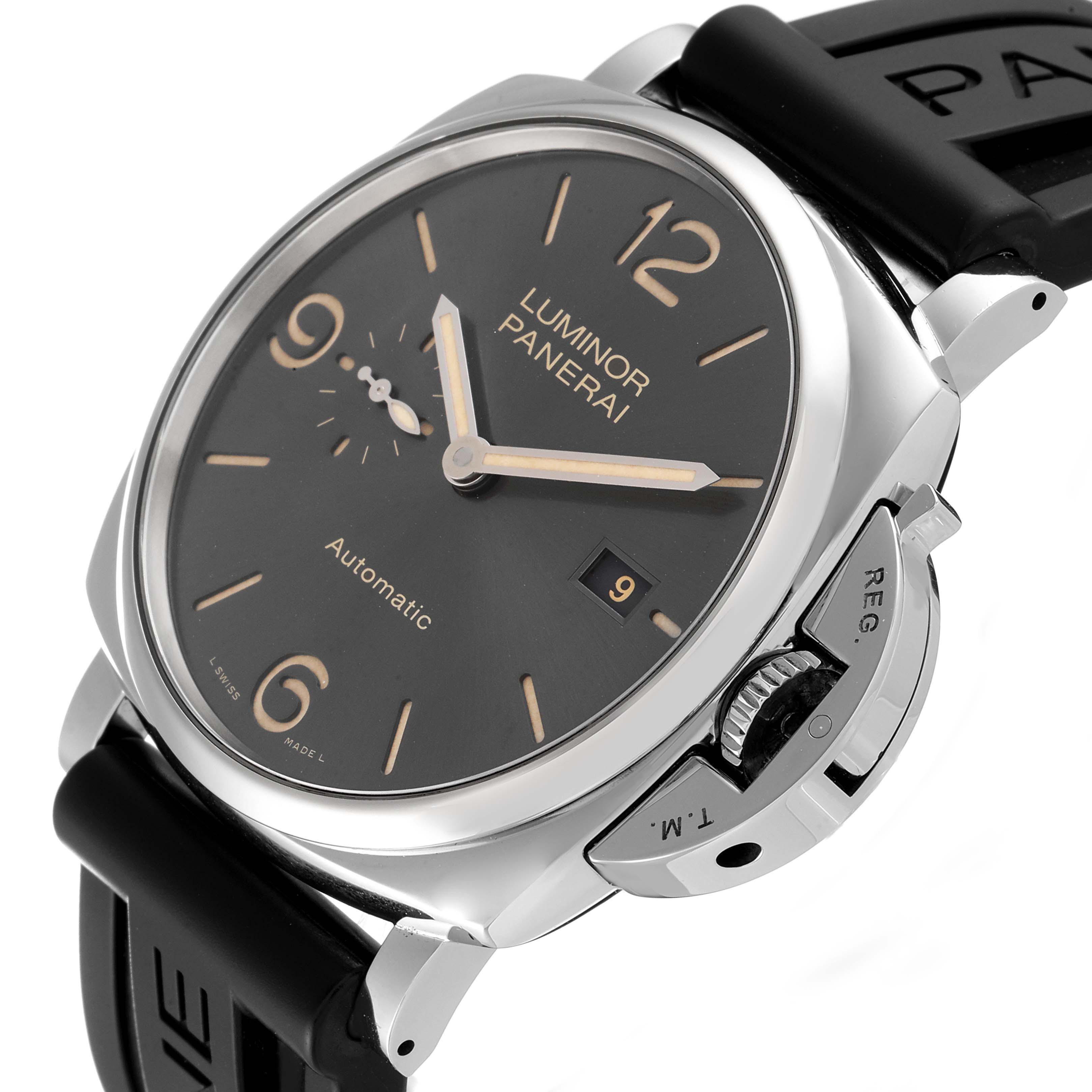 The image shows a Panerai Luminor Due PAM00943 Men's Stainless Steel Black Dial PAM00943 Men's Stainless Steel Black Dial watch from a front-side angle, highlighting the dial, crown guard, and strap.