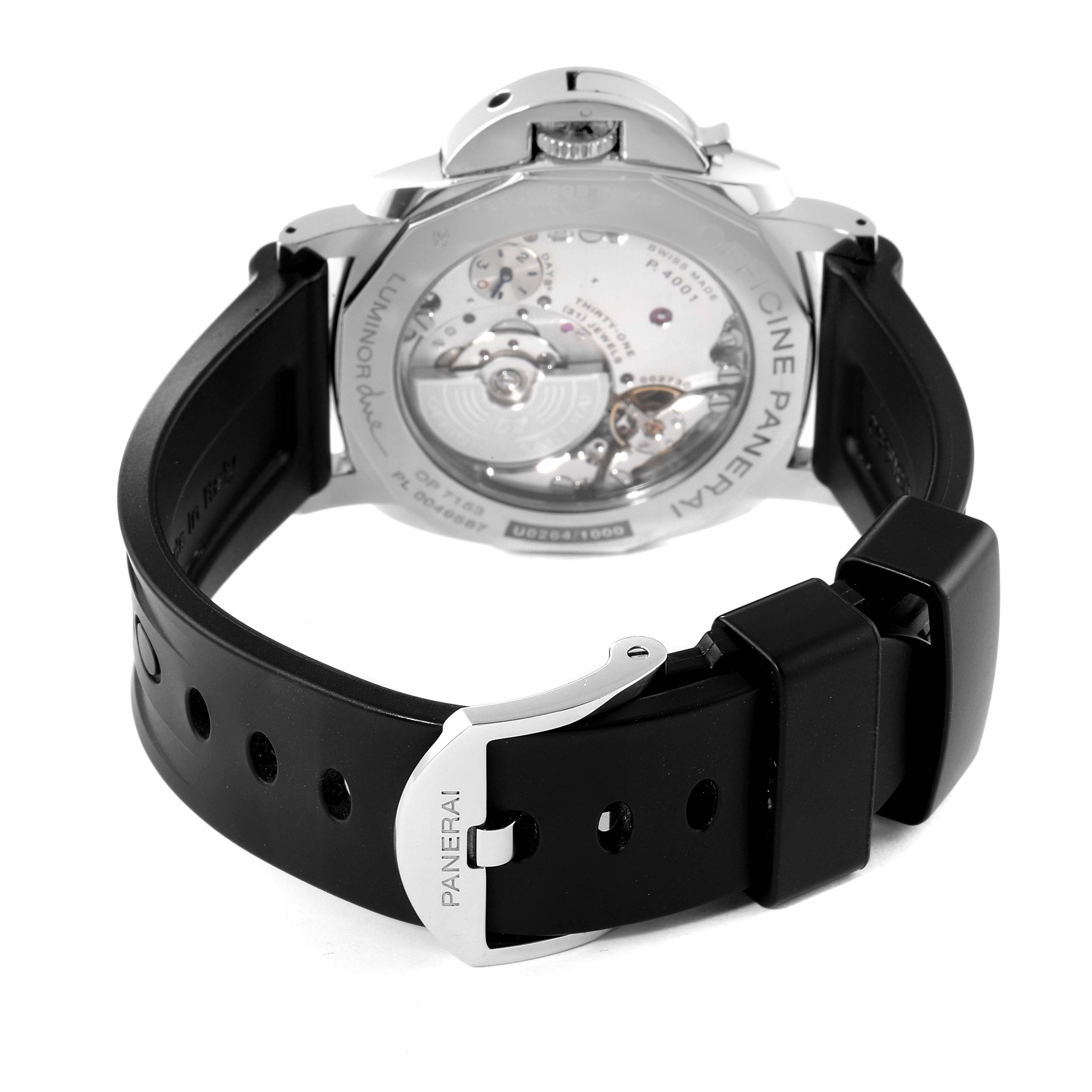 The image shows the back view of a Panerai Luminor Due PAM00943 Men's Stainless Steel Black Dial PAM00943 Men's Stainless Steel Black Dial watch, highlighting its movement mechanism and clasp.