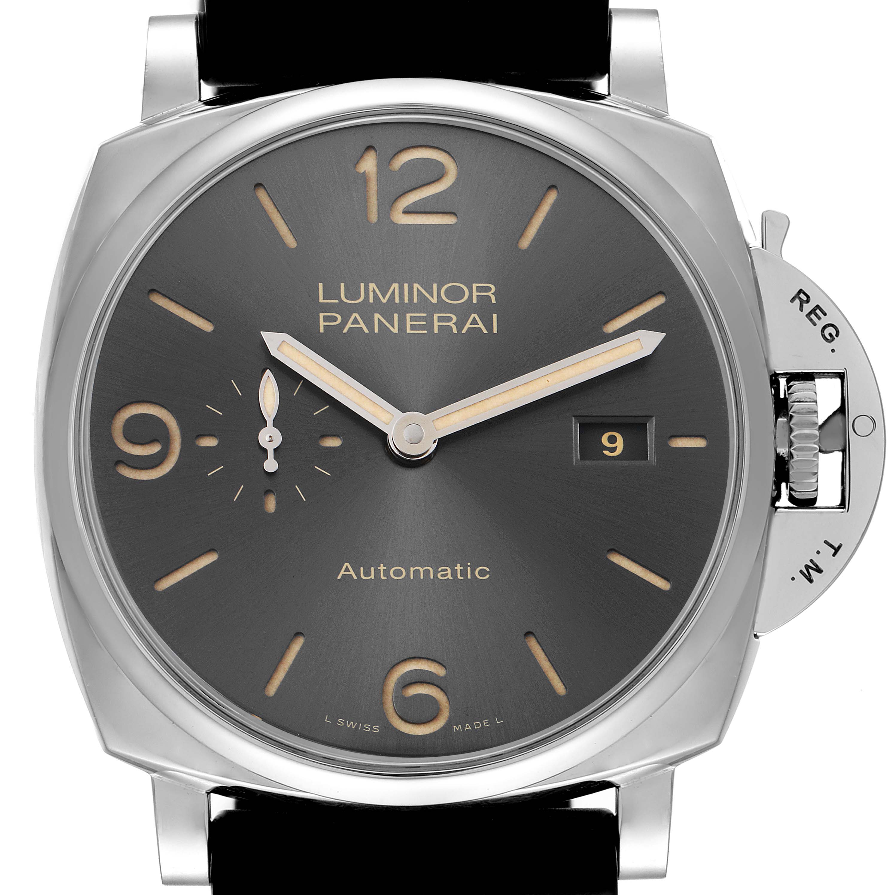 The Panerai Luminor Due PAM00943 Men's Stainless Steel Black Dial PAM00943 Men's Stainless Steel Black Dial model watch is shown from the front angle, displaying the dial, crown guard, and part of the strap.