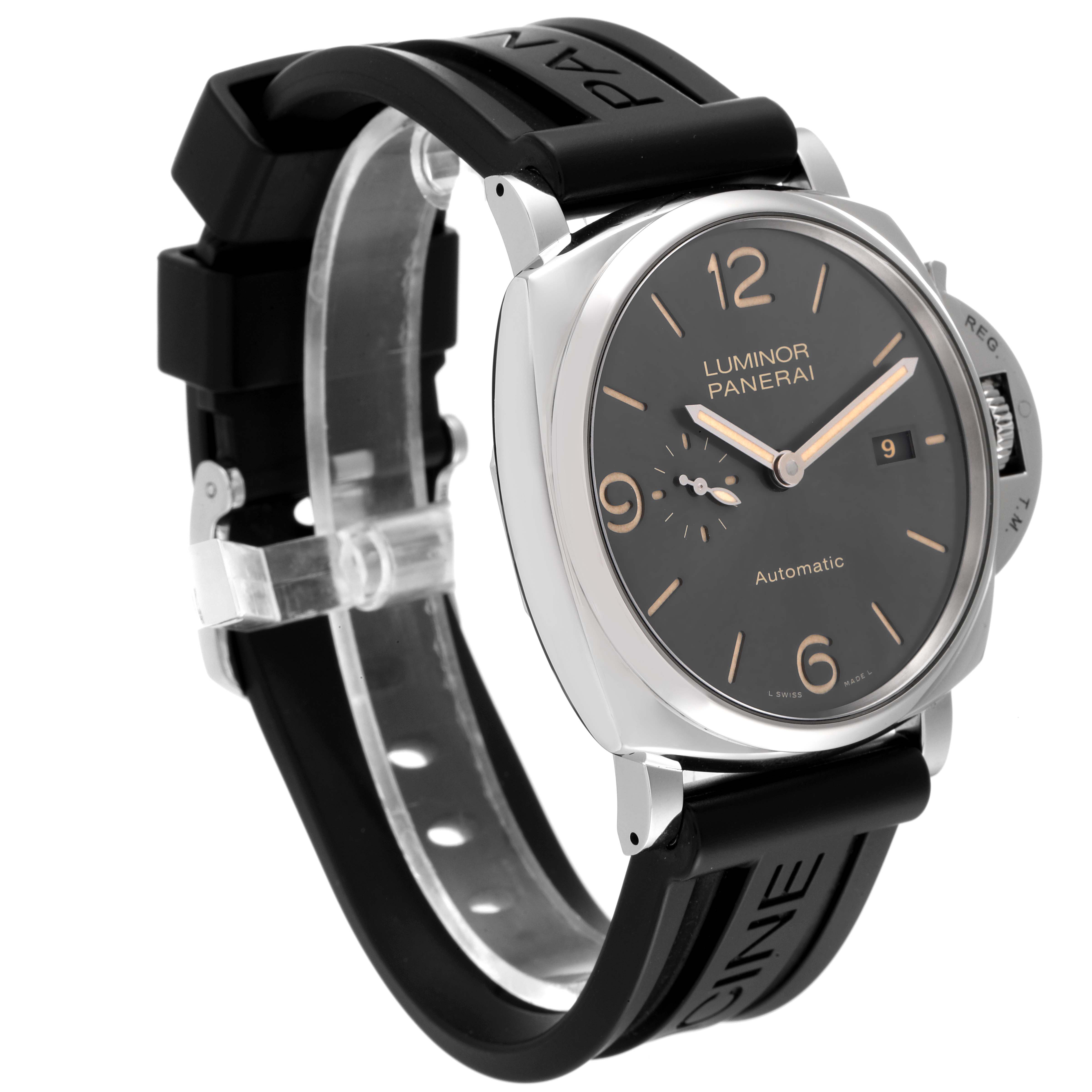 The image shows a Panerai Luminor Due PAM00943 Men's Stainless Steel Black Dial PAM00943 Men's Stainless Steel Black Dial watch at a three-quarter angle, featuring the face, strap, and side crown.