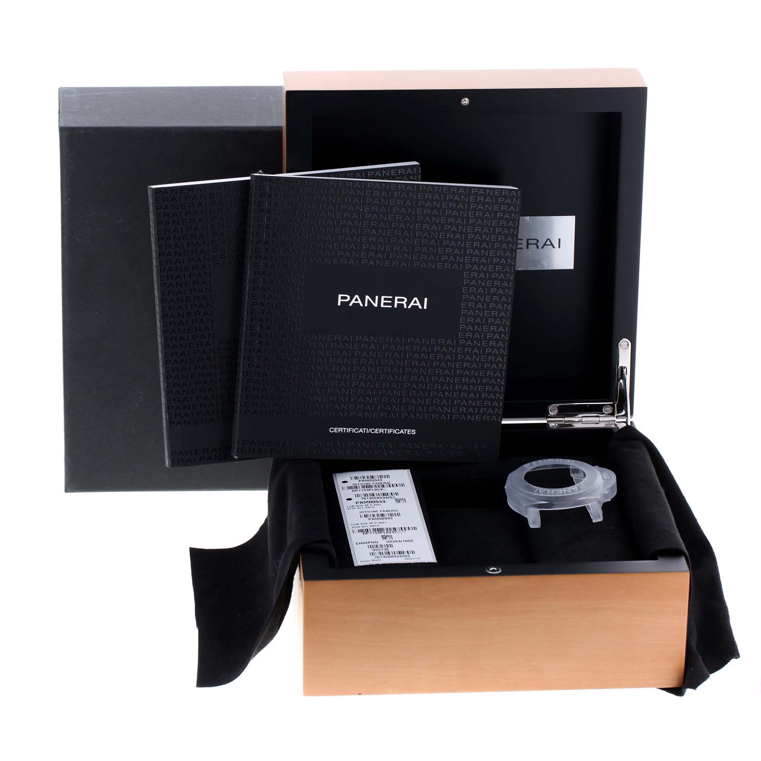 The image shows the packaging and accessories of a Panerai Luminor Due PAM00943 Men's Stainless Steel Black Dial PAM00943 Men's Stainless Steel Black Dial watch, including manuals, a protective case, and a wooden box.