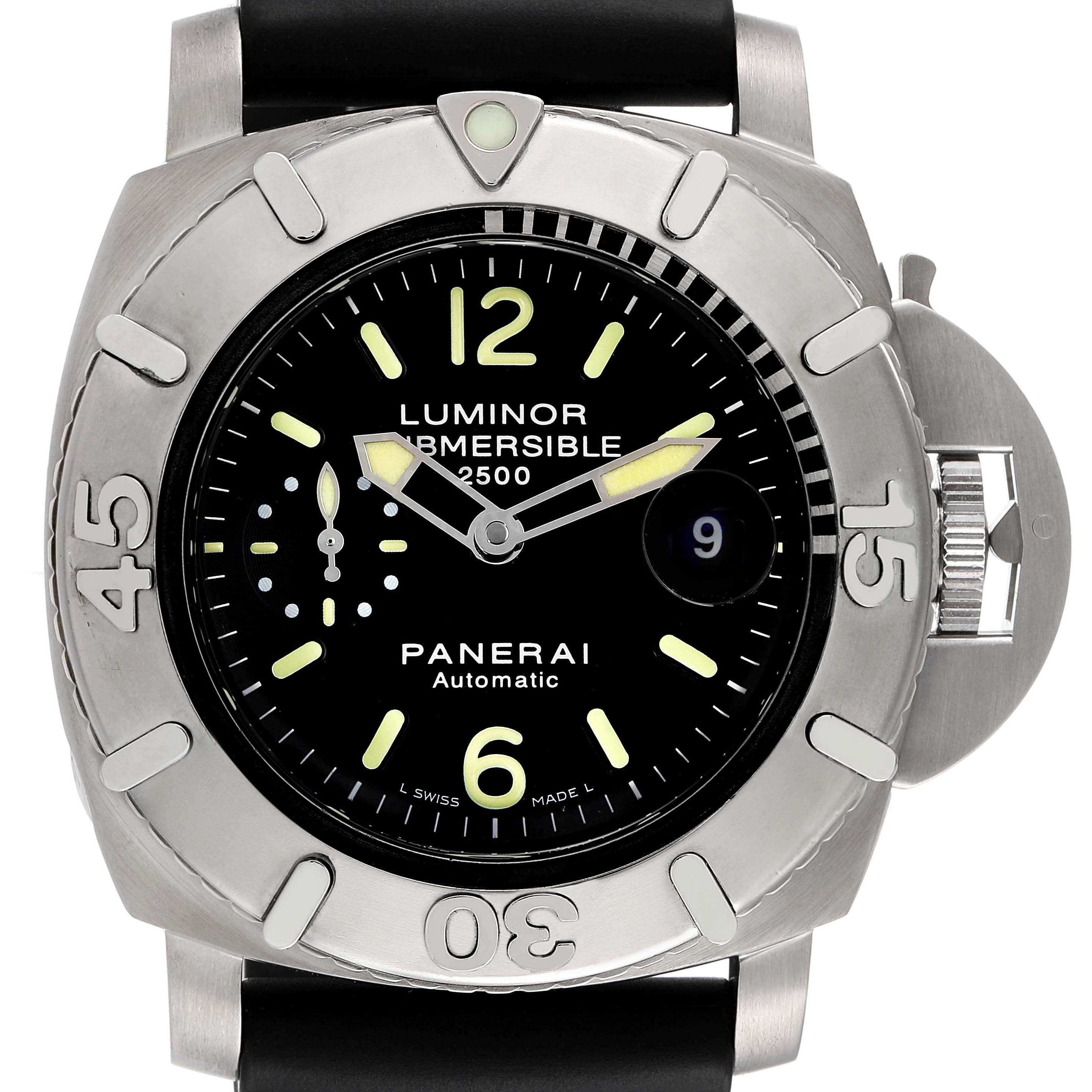 The image shows a front view of the Panerai Submersible PAM00194 Men's Stainless Steel Black Dial PAM00194 Men's Stainless Steel Black Dial watch, highlighting the dial, bezel, and crown guard.