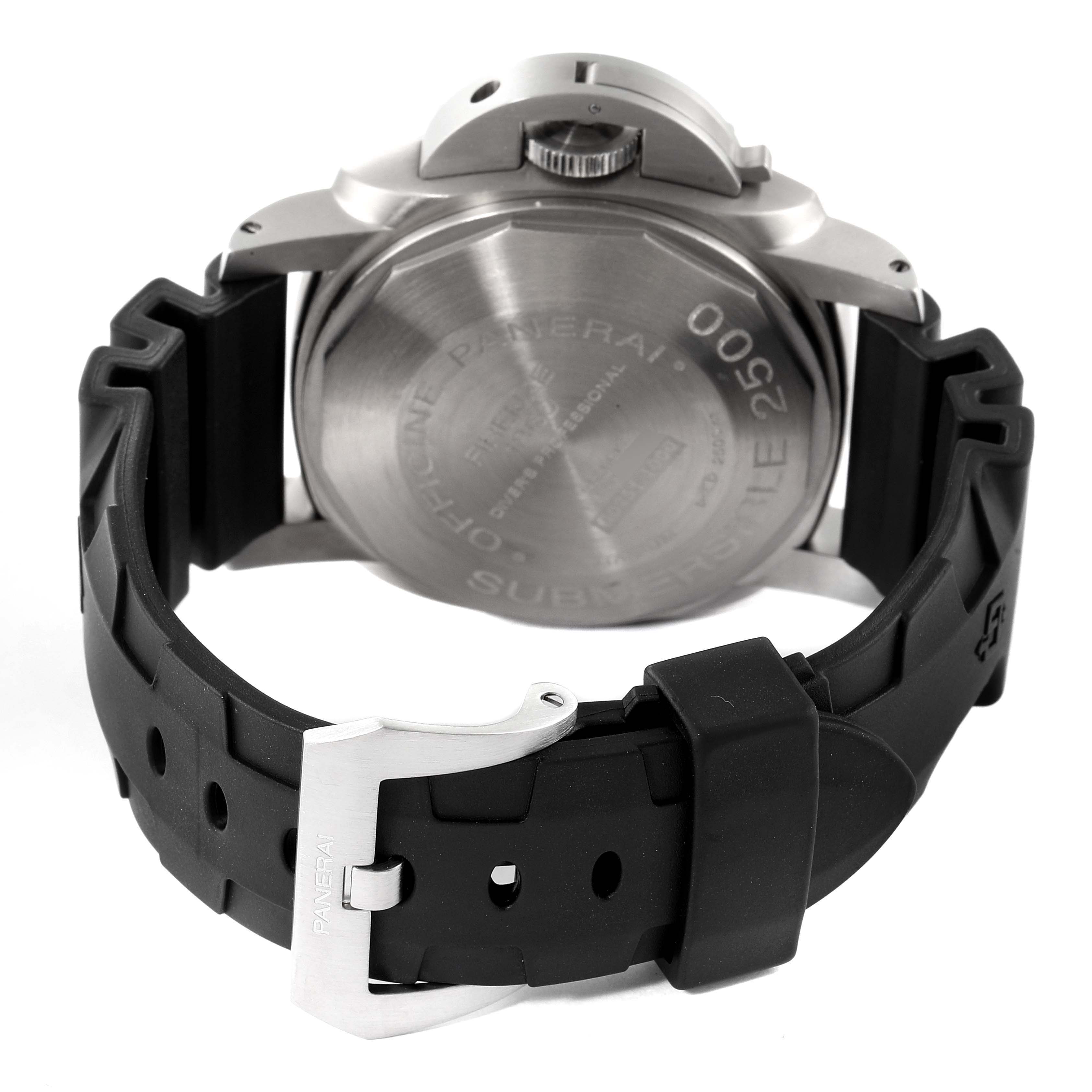 The image shows the back and strap of a Panerai Submersible PAM00194 Men's Stainless Steel Black Dial PAM00194 Men's Stainless Steel Black Dial watch, highlighting the case back and rubber strap with buckle.