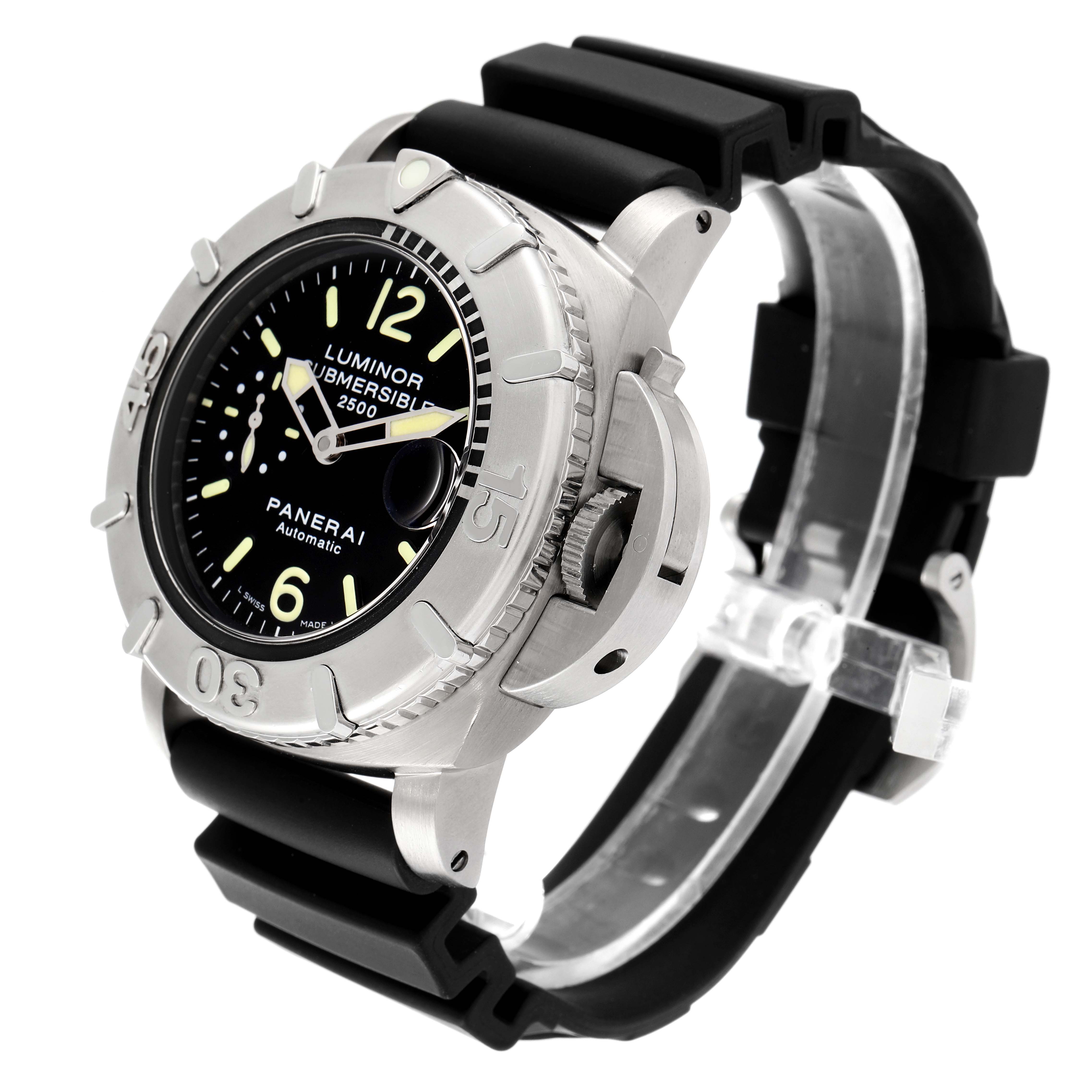 The image shows a Panerai Submersible PAM00194 Men's Stainless Steel Black Dial PAM00194 Men's Stainless Steel Black Dial watch from an angled side view, highlighting its bezel, dial, and rubber strap.