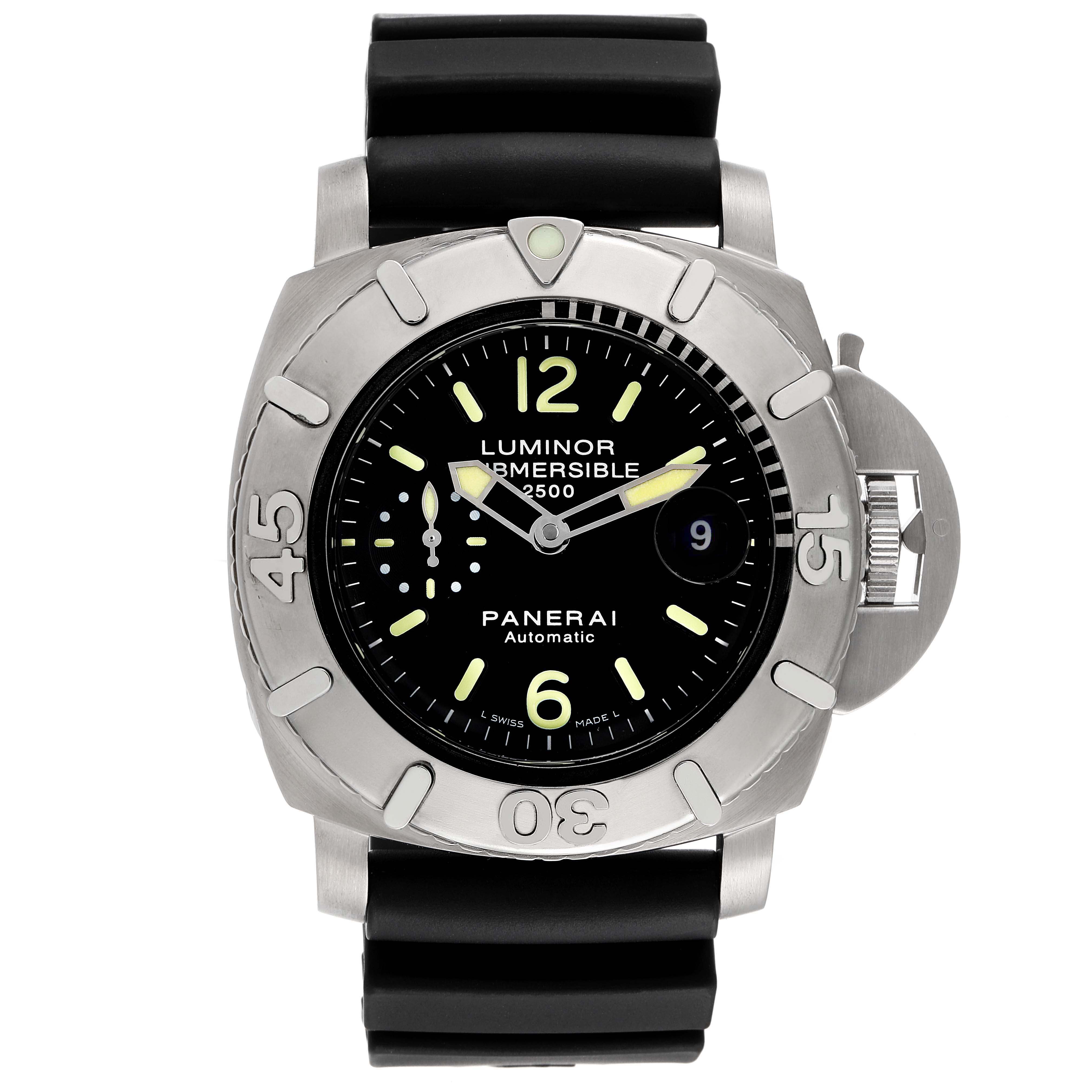 The Panerai Submersible PAM00194 Men's Stainless Steel Black Dial PAM00194 Men's Stainless Steel Black Dial watch is shown from a top-down angle, displaying its dial, bezel, and strap.