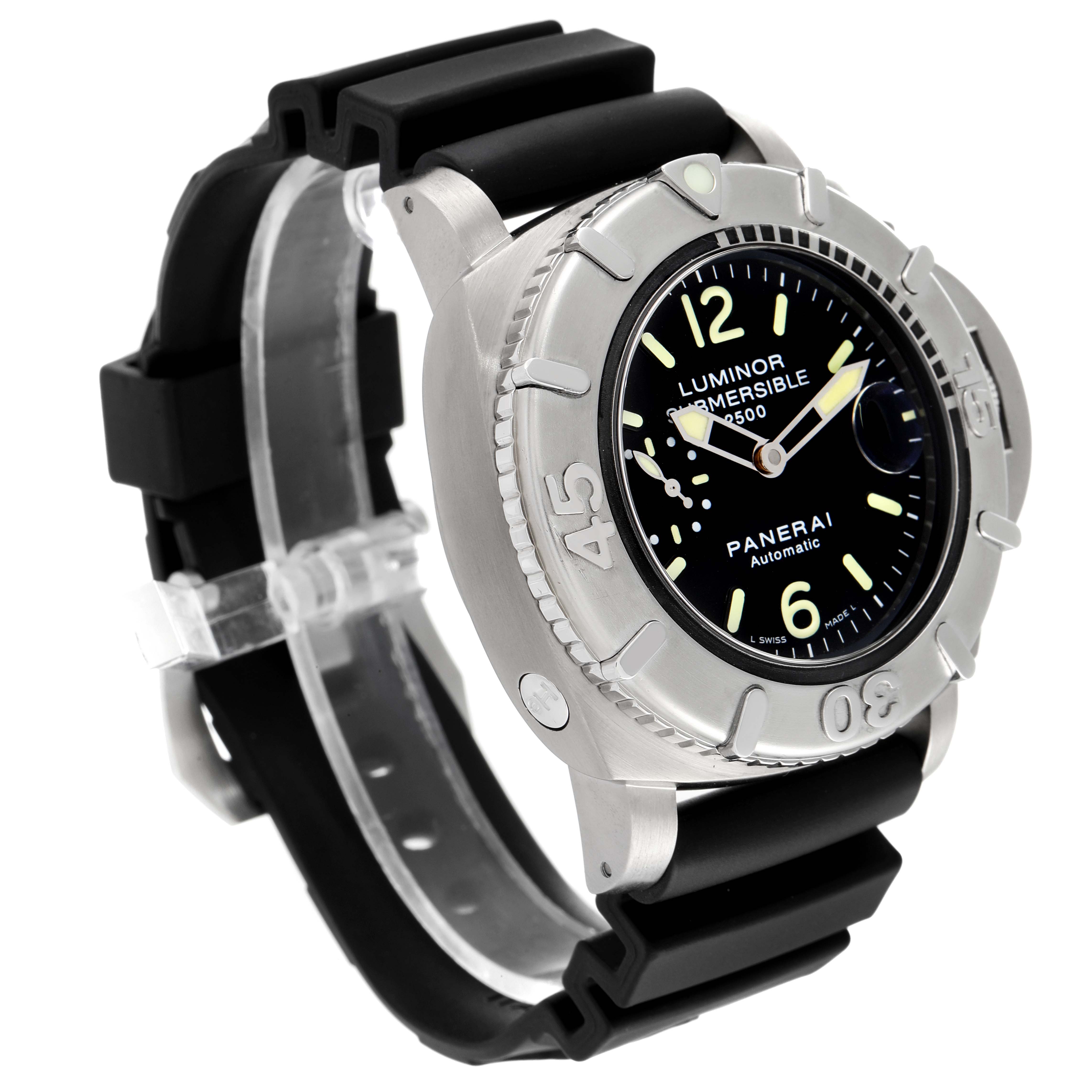 The Panerai Submersible PAM00194 Men's Stainless Steel Black Dial PAM00194 Men's Stainless Steel Black Dial watch is shown from a front-side angle, highlighting the dial, bezel, and rubber strap.