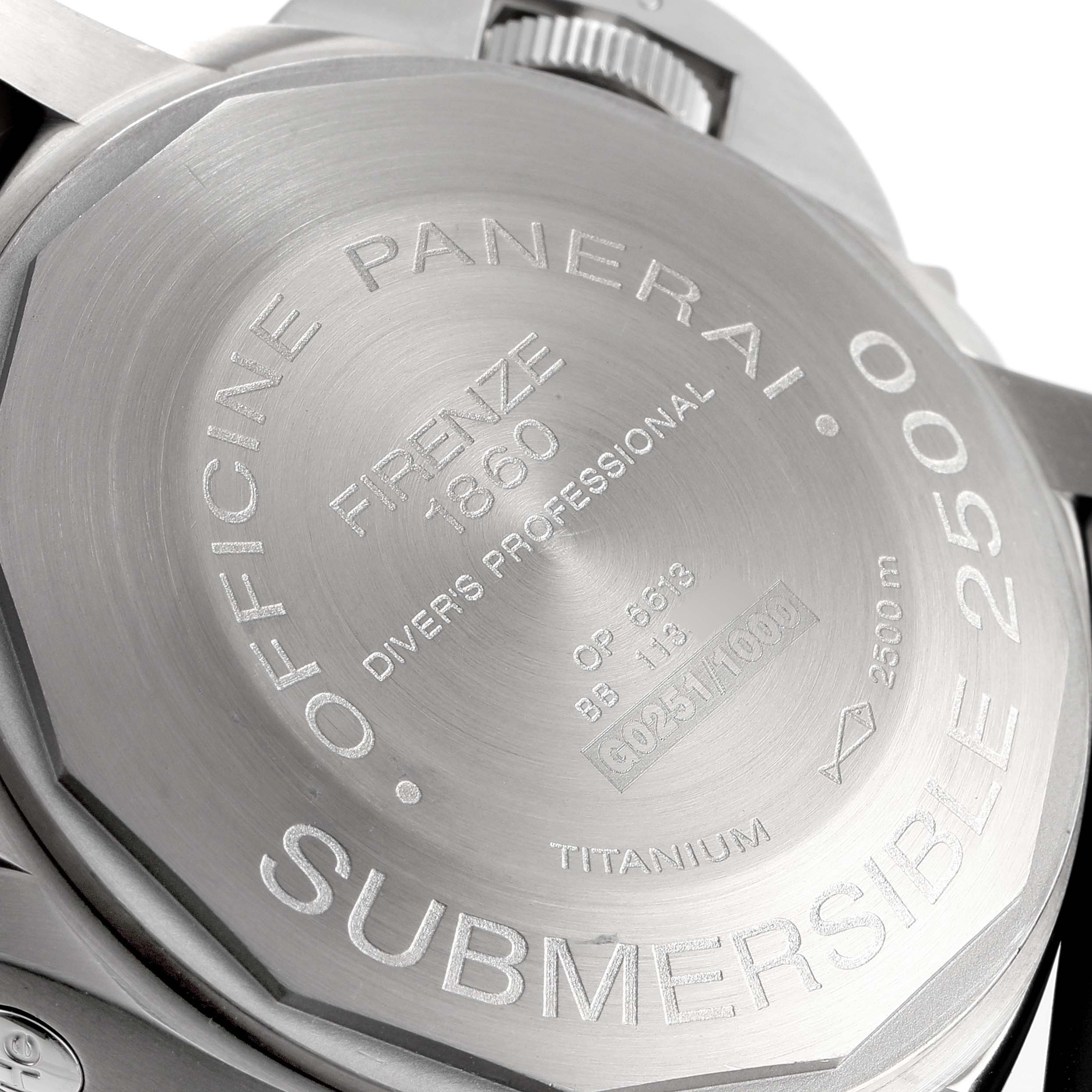 This image shows the backside engraving of a Panerai Submersible PAM00194 Men's Stainless Steel Black Dial PAM00194 Men's Stainless Steel Black Dial model watch, highlighting the titanium case and detailing.