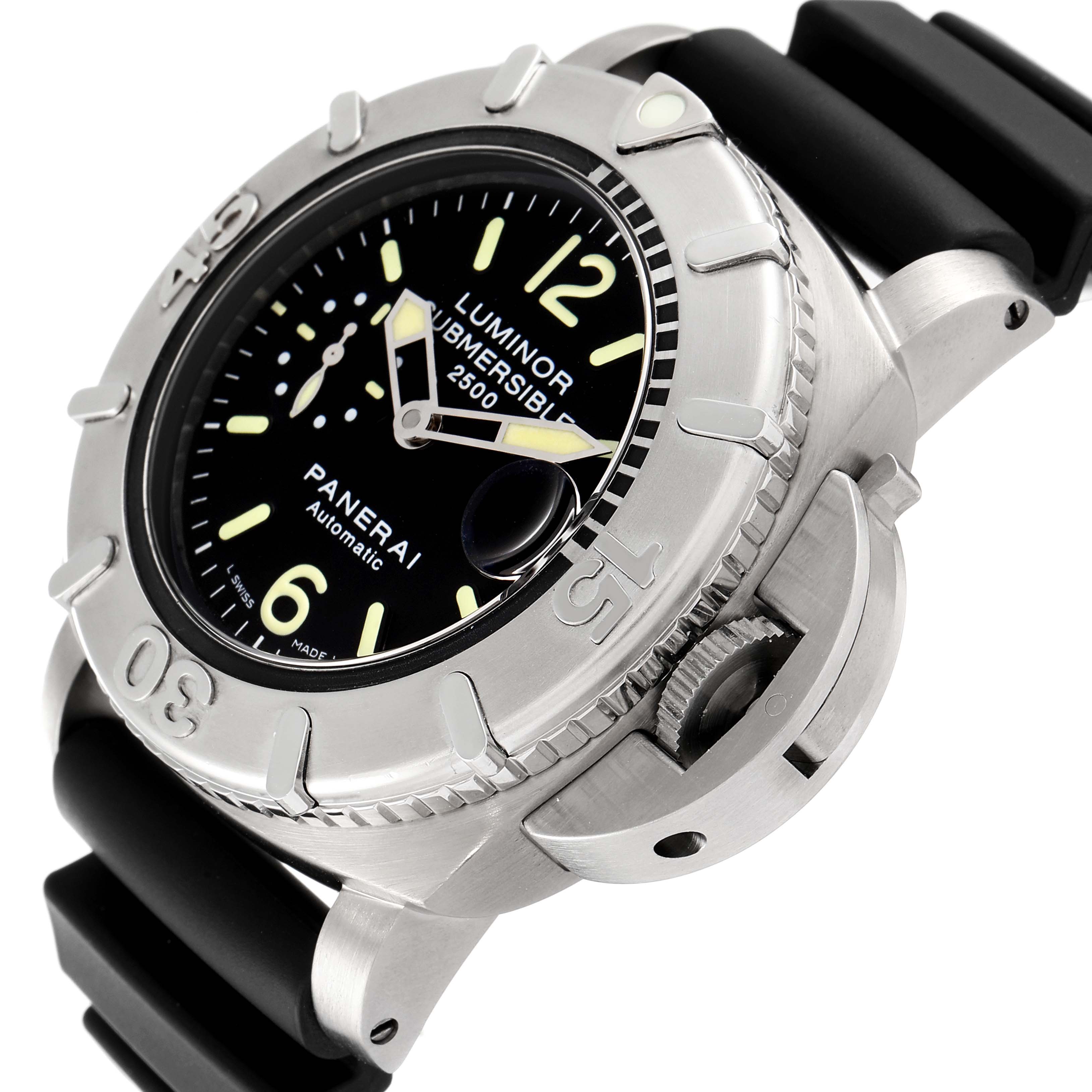 The Panerai Submersible PAM00194 Men's Stainless Steel Black Dial PAM00194 Men's Stainless Steel Black Dial model watch is shown at a close-up angle, highlighting the bezel, dial, and strap.