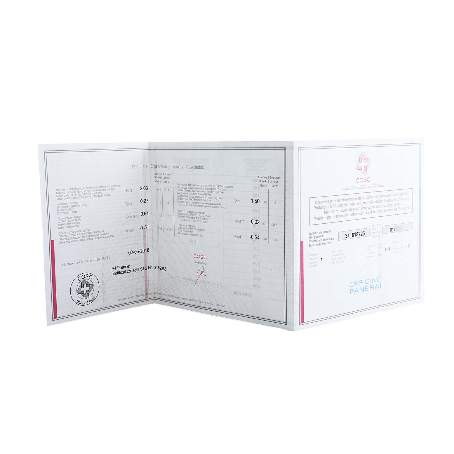 The image shows the COSC certification papers for a Panerai Submersible PAM01024 Men's Stainless Steel Black Dial, opened at an angle displaying the documents.