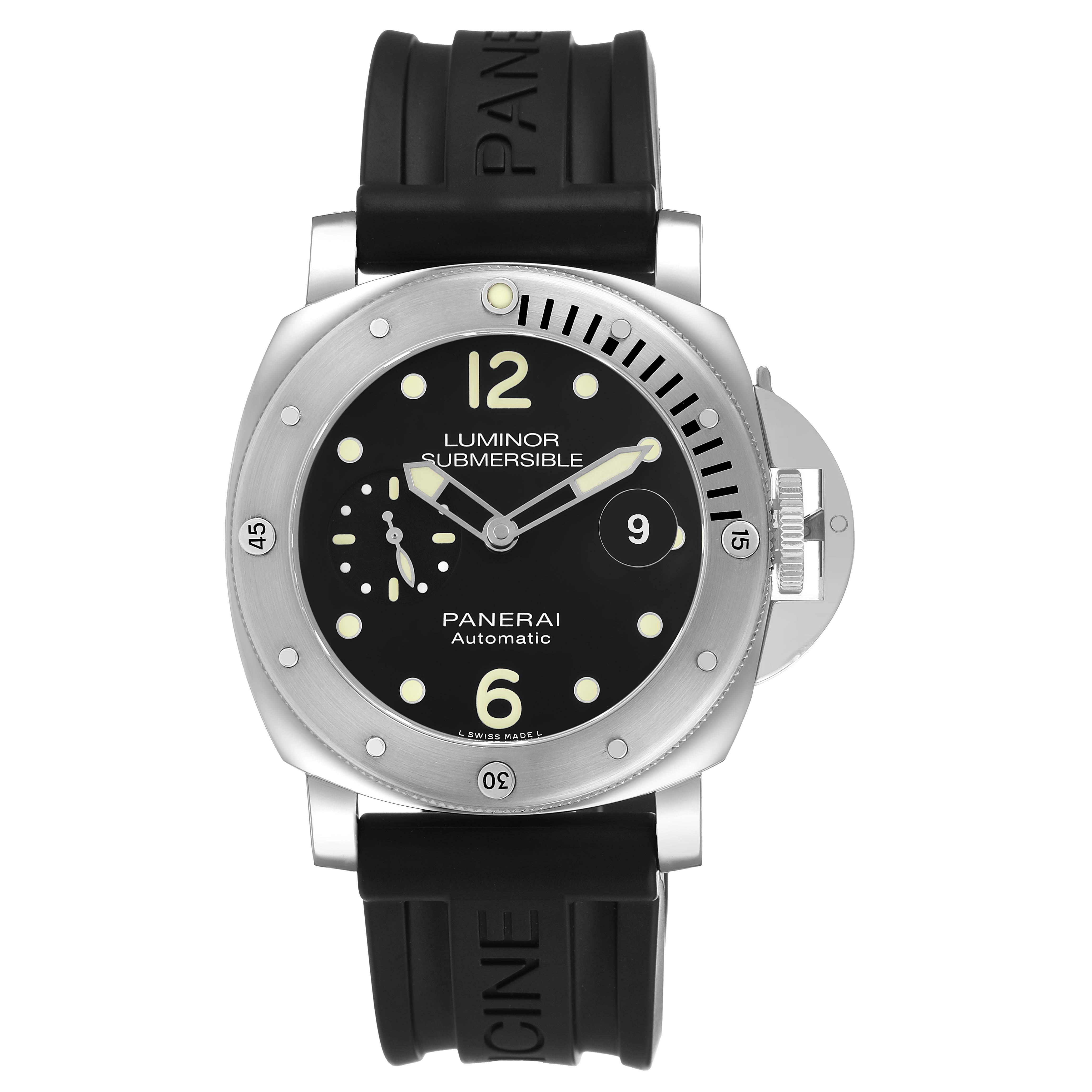 The Panerai Luminor Submersible watch is shown from the front, highlighting the dial, bezel, crown guard, and strap.