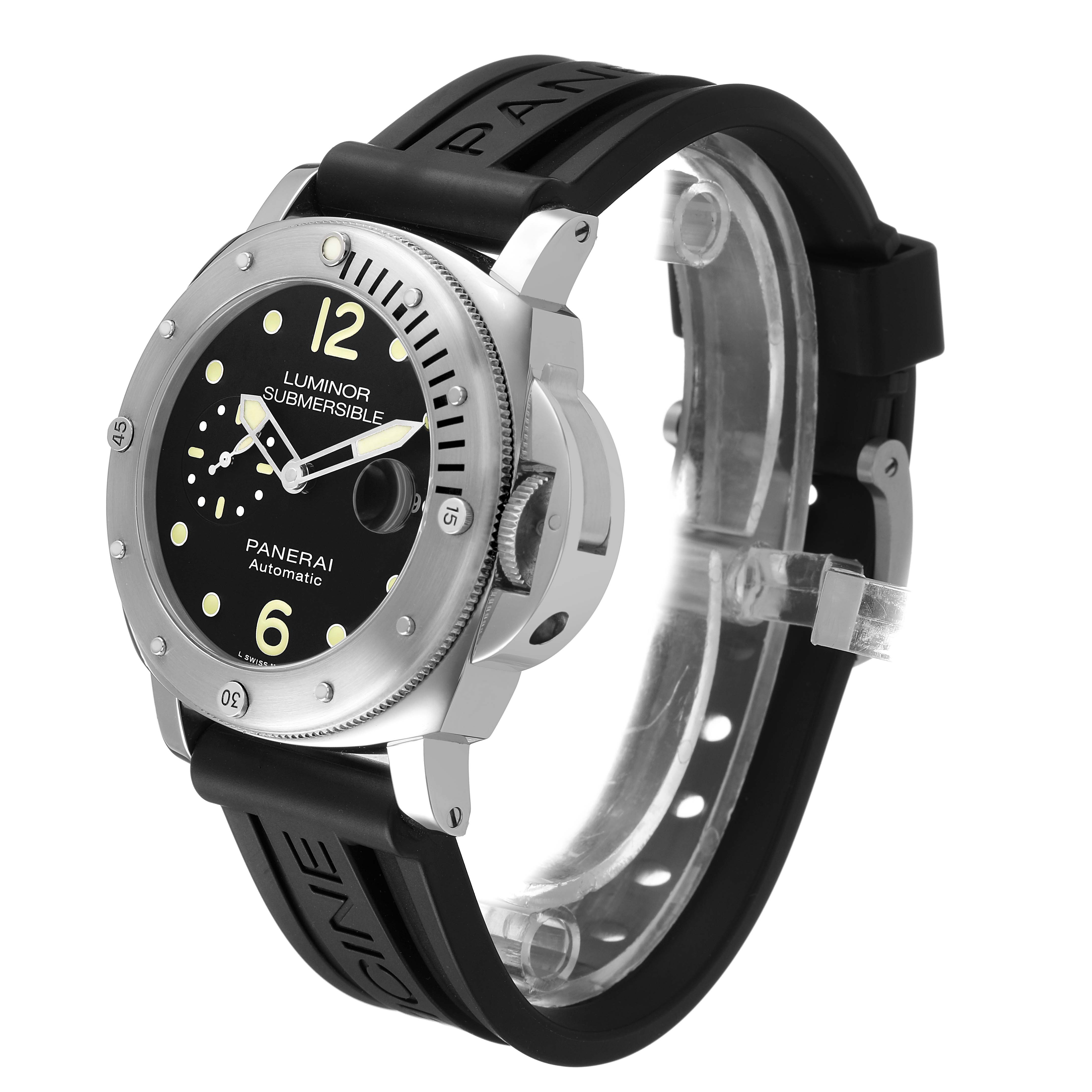 The Panerai Submersible PAM01024 Men's Stainless Steel Black Dial watch is shown at a three-quarter angle, displaying the face, bezel, crown guard, and strap.