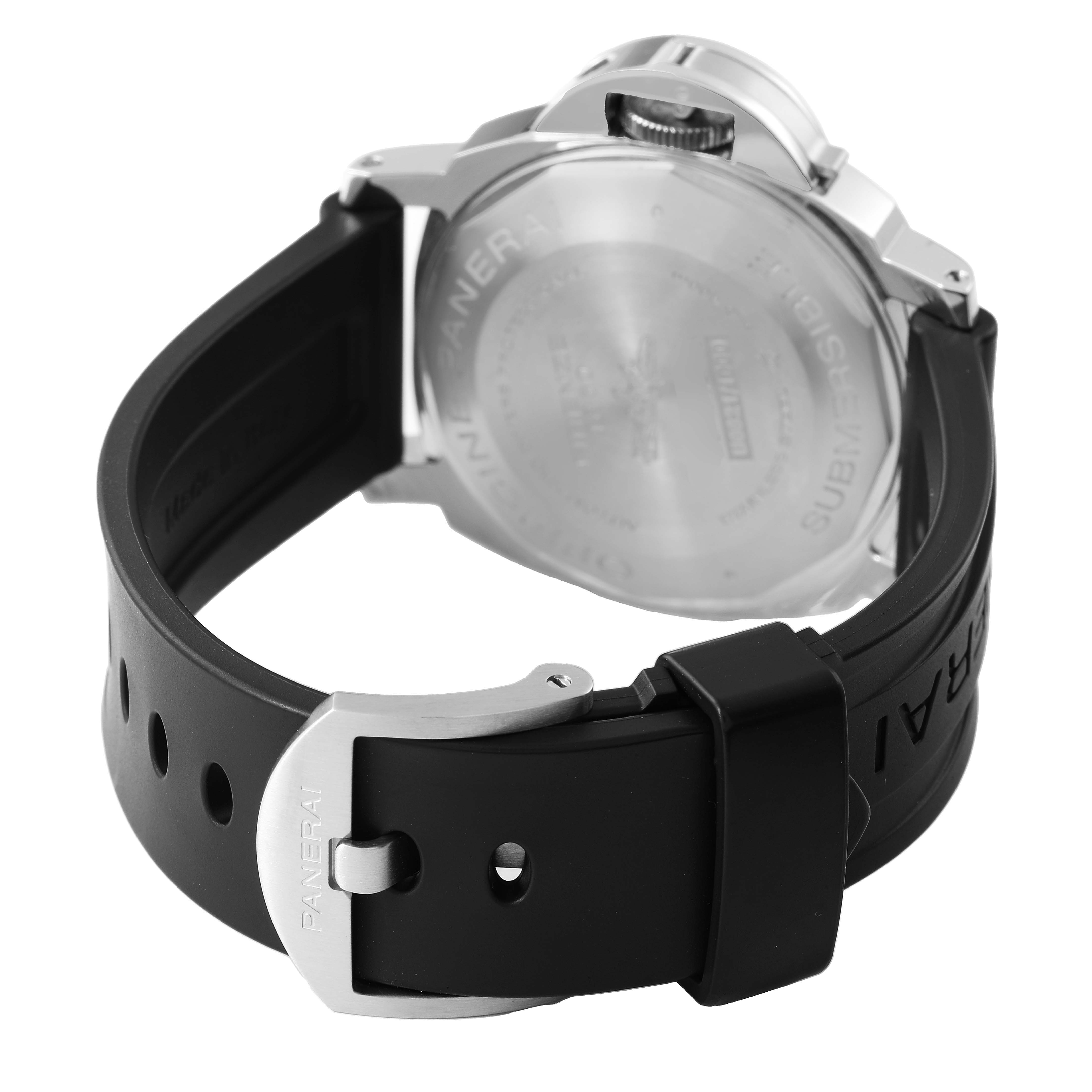 The Panerai Submersible PAM01024 Men's Stainless Steel Black Dial watch is shown from the back, highlighting the case back, crown guard, and rubber strap with buckle.