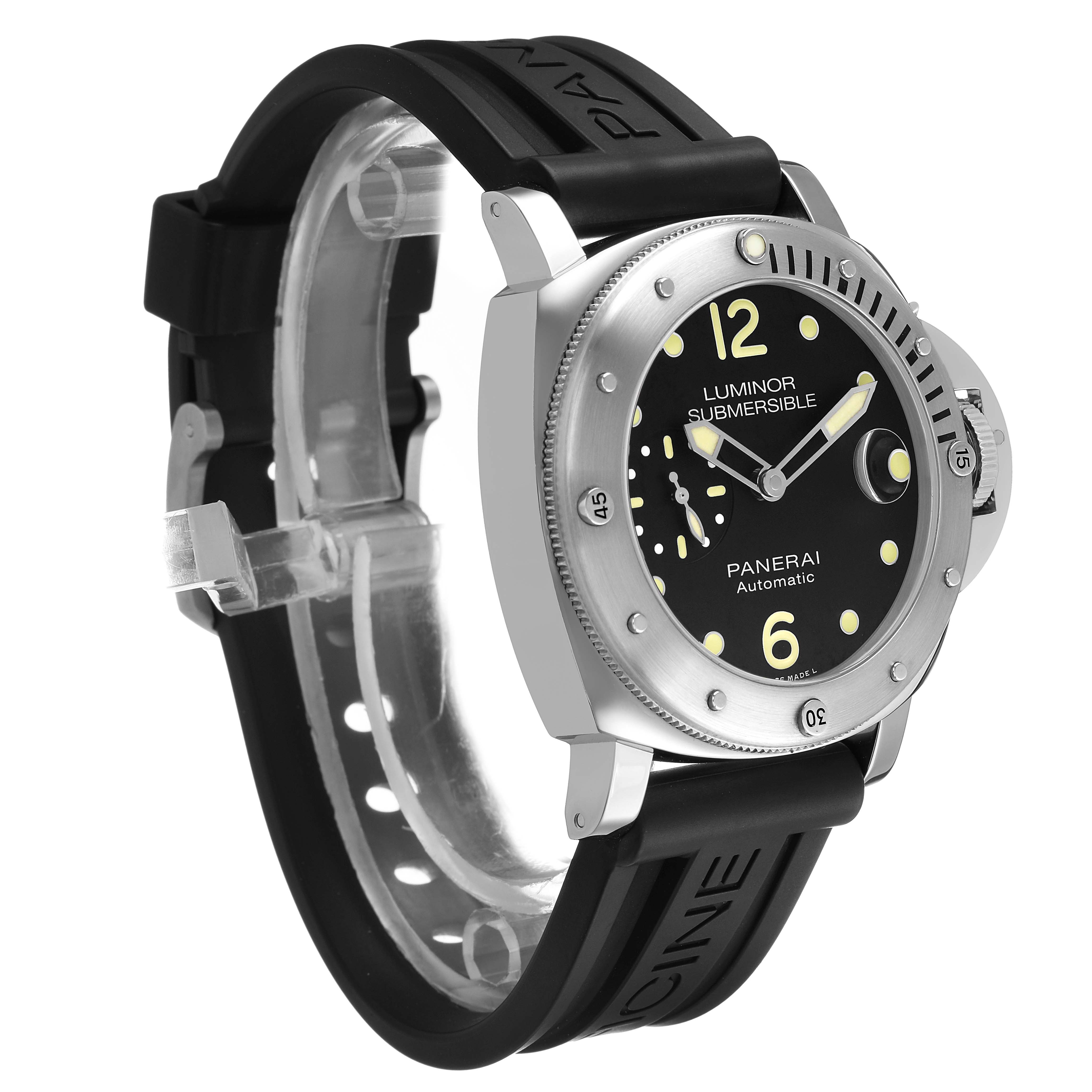 The Panerai Luminor Submersible watch is shown at a three-quarter angle, highlighting its dial, bezel, and rubber strap.
