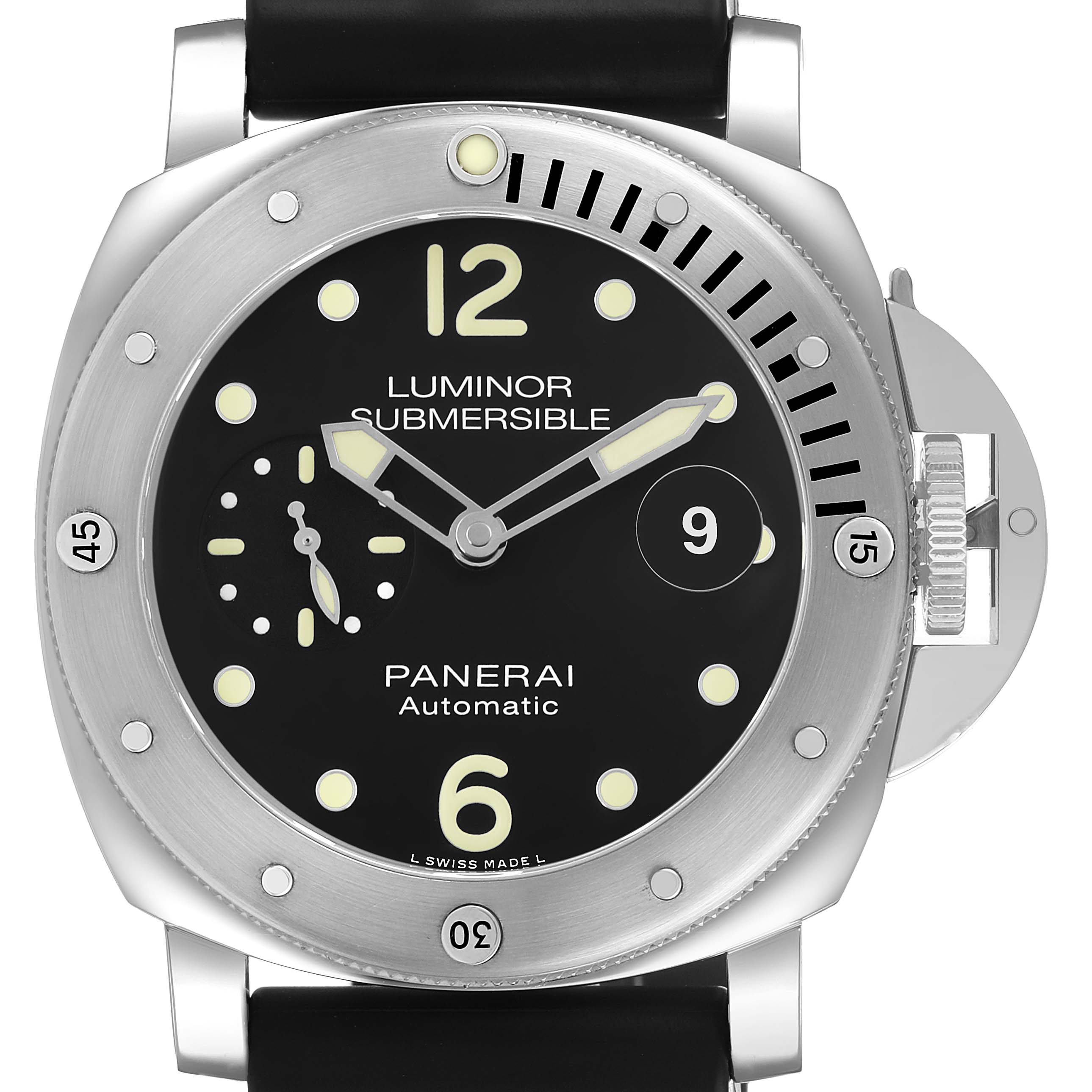 The Panerai Submersible PAM01024 Men's Stainless Steel Black Dial watch is shown from a front angle, displaying its dial, bezel, and crown guard.