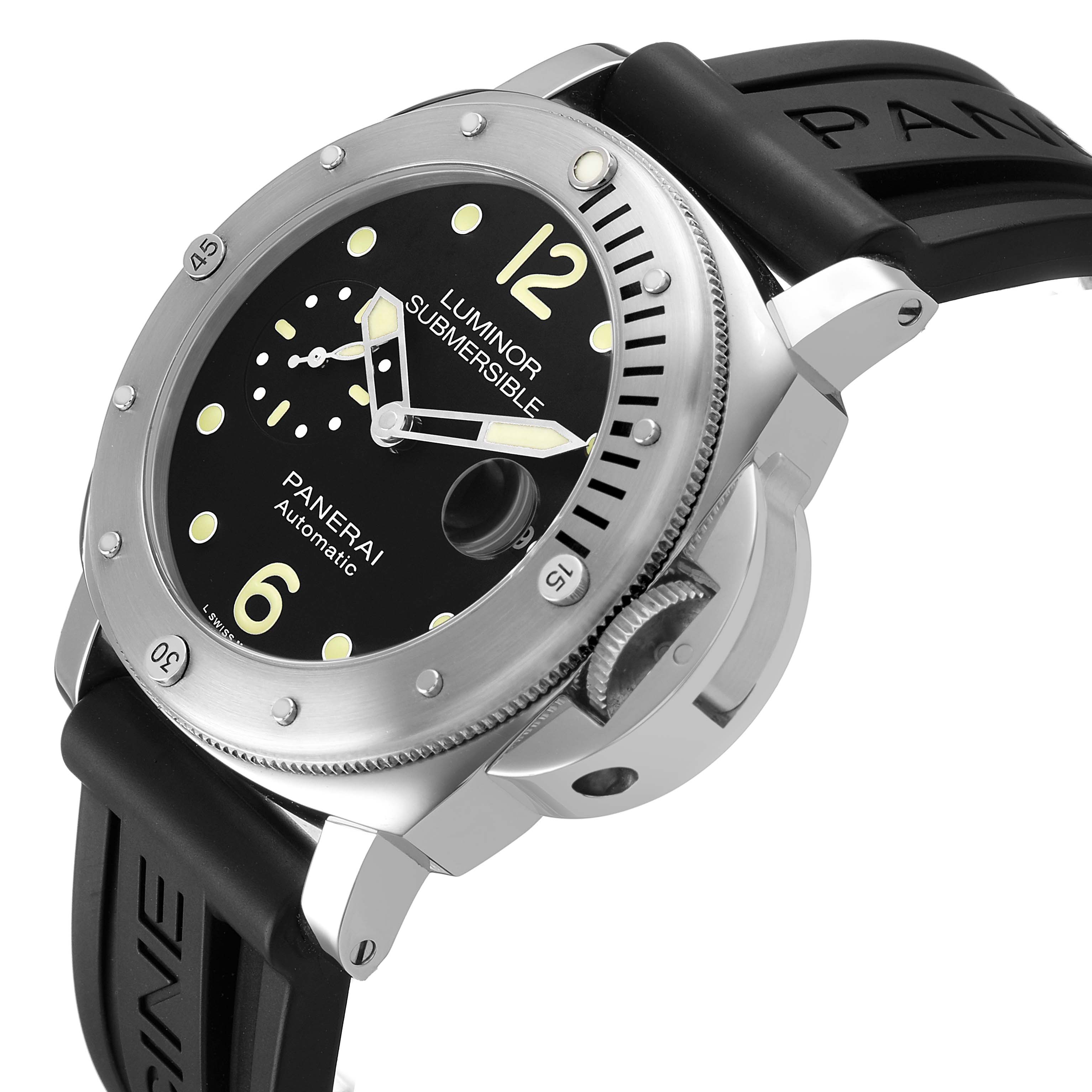 The Panerai Submersible PAM01024 Men's Stainless Steel Black Dial watch is shown at a three-quarter angle, displaying the face, bezel, crown guard, and rubber strap.