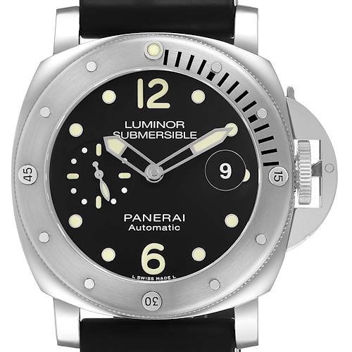 The Panerai Submersible PAM01024 Men's Stainless Steel Black Dial watch is shown from a front angle, highlighting the dial, bezel, and crown protector.