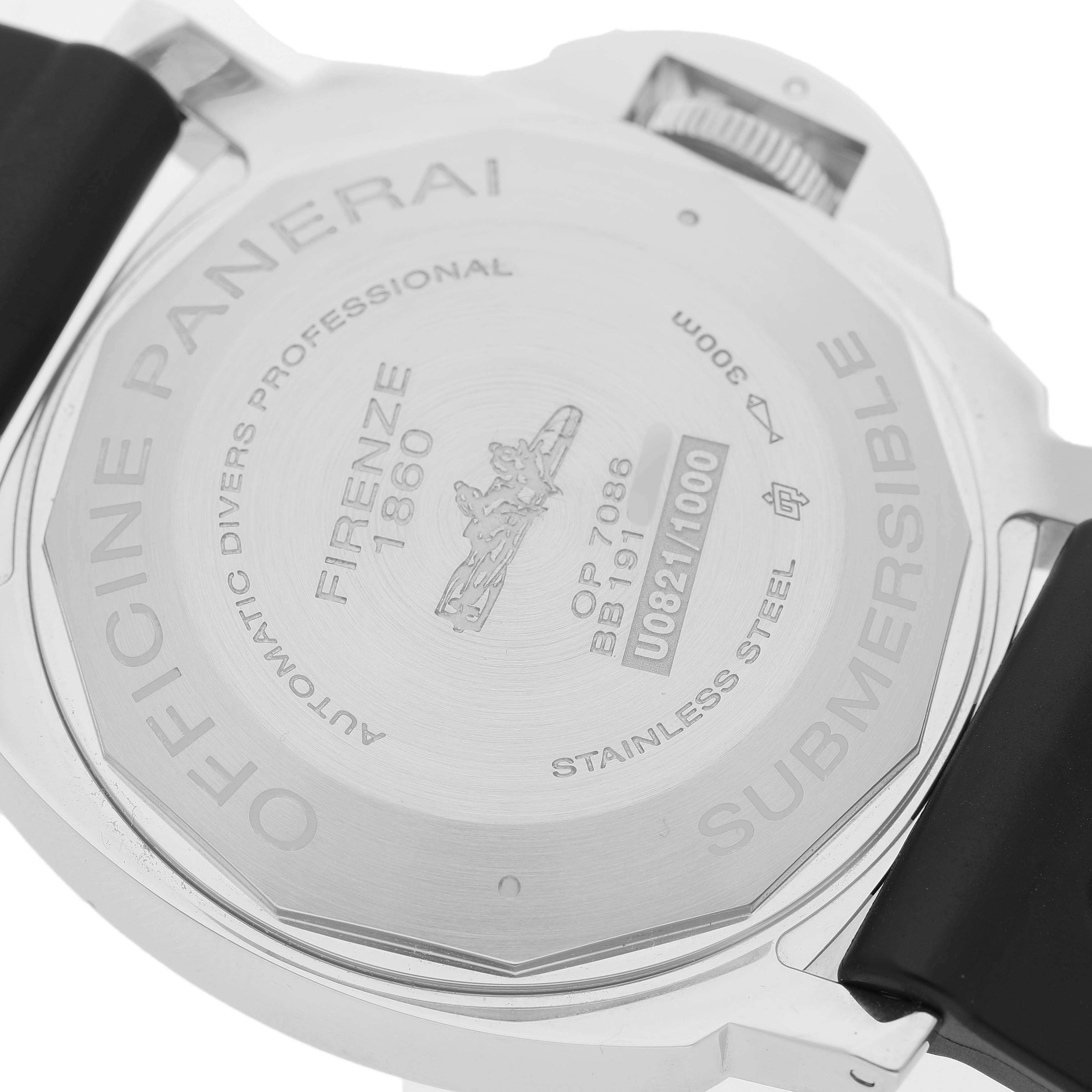The image shows the back of a Panerai Submersible PAM01024 Men's Stainless Steel Black Dial watch, highlighting its engraved details and strap connection.