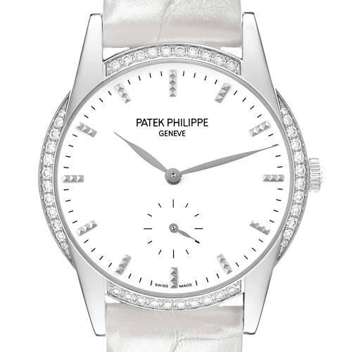 The image shows a frontal view of the Patek Philippe Calatrava 7122/200G-001 Women's White Gold White Dial watch, highlighting the dial, hands, hour markers, and diamond-set bezel.