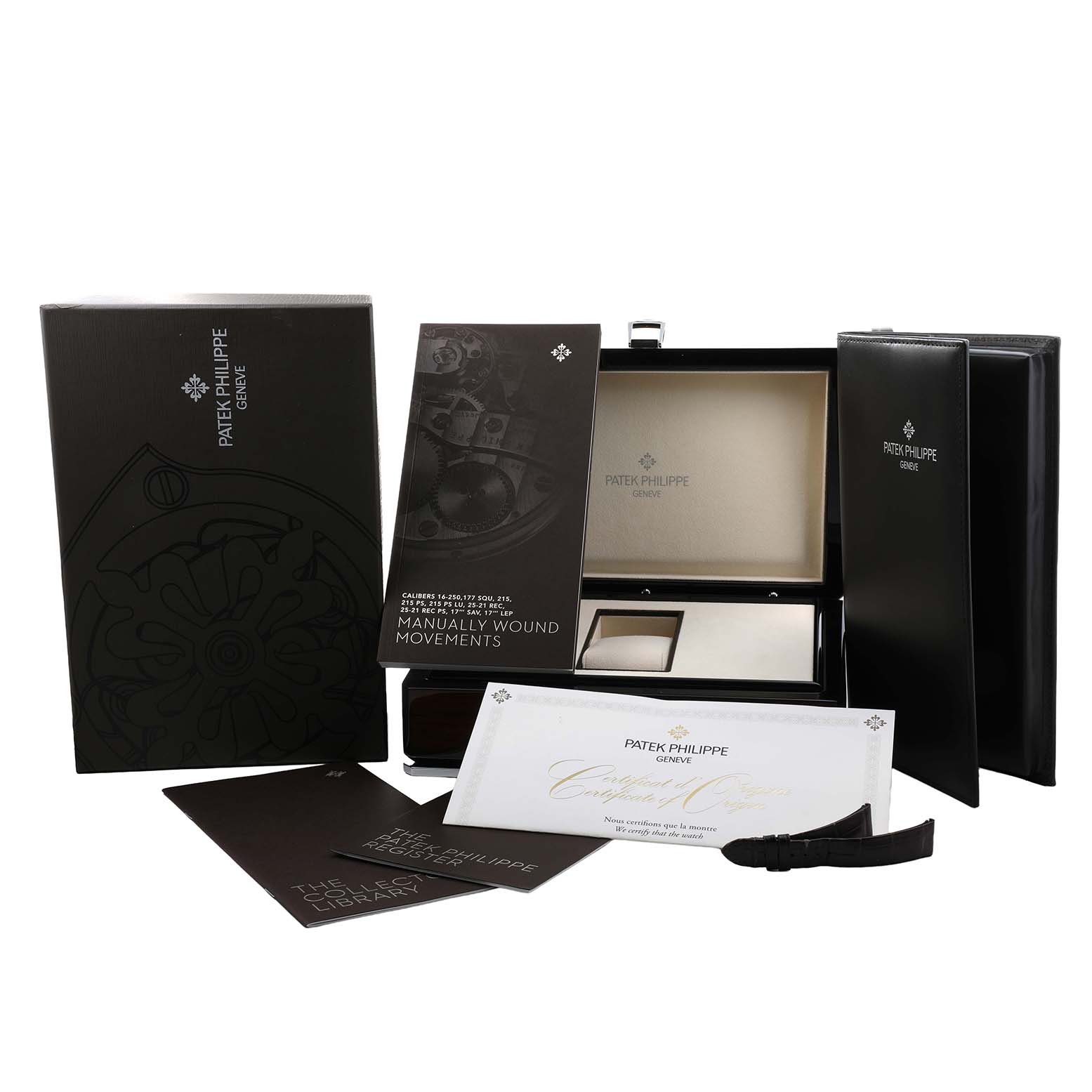 The image shows Patek Philippe Calatrava 7122/200G-001 Women's White Gold White Dial packaging, including the box, manuals, and certificate, viewed from the front.