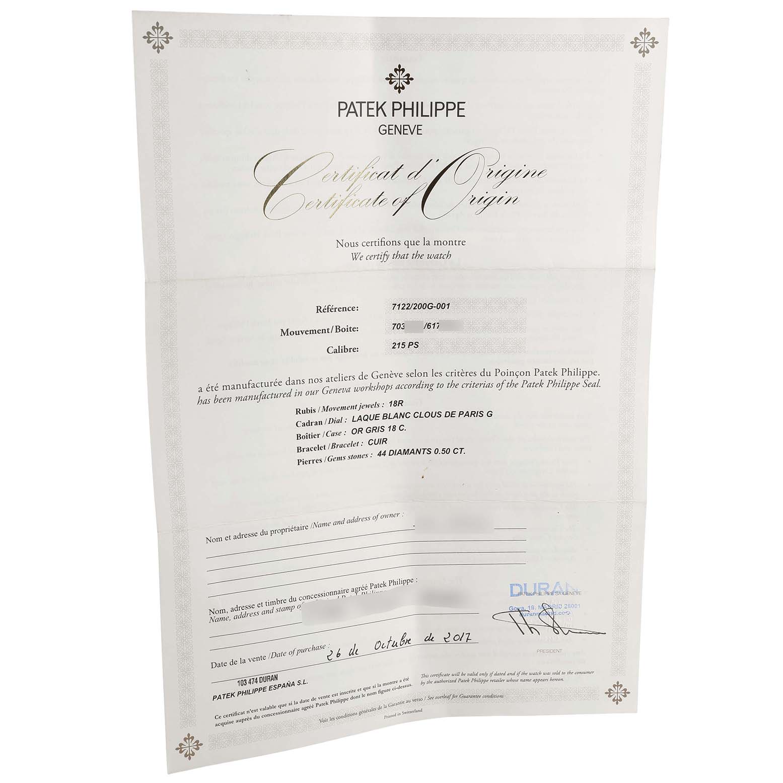 The image shows a "Certificate of Origin" for a Patek Philippe Calatrava 7122/200G-001 Women's White Gold White Dial watch, viewed from a slightly angled perspective.