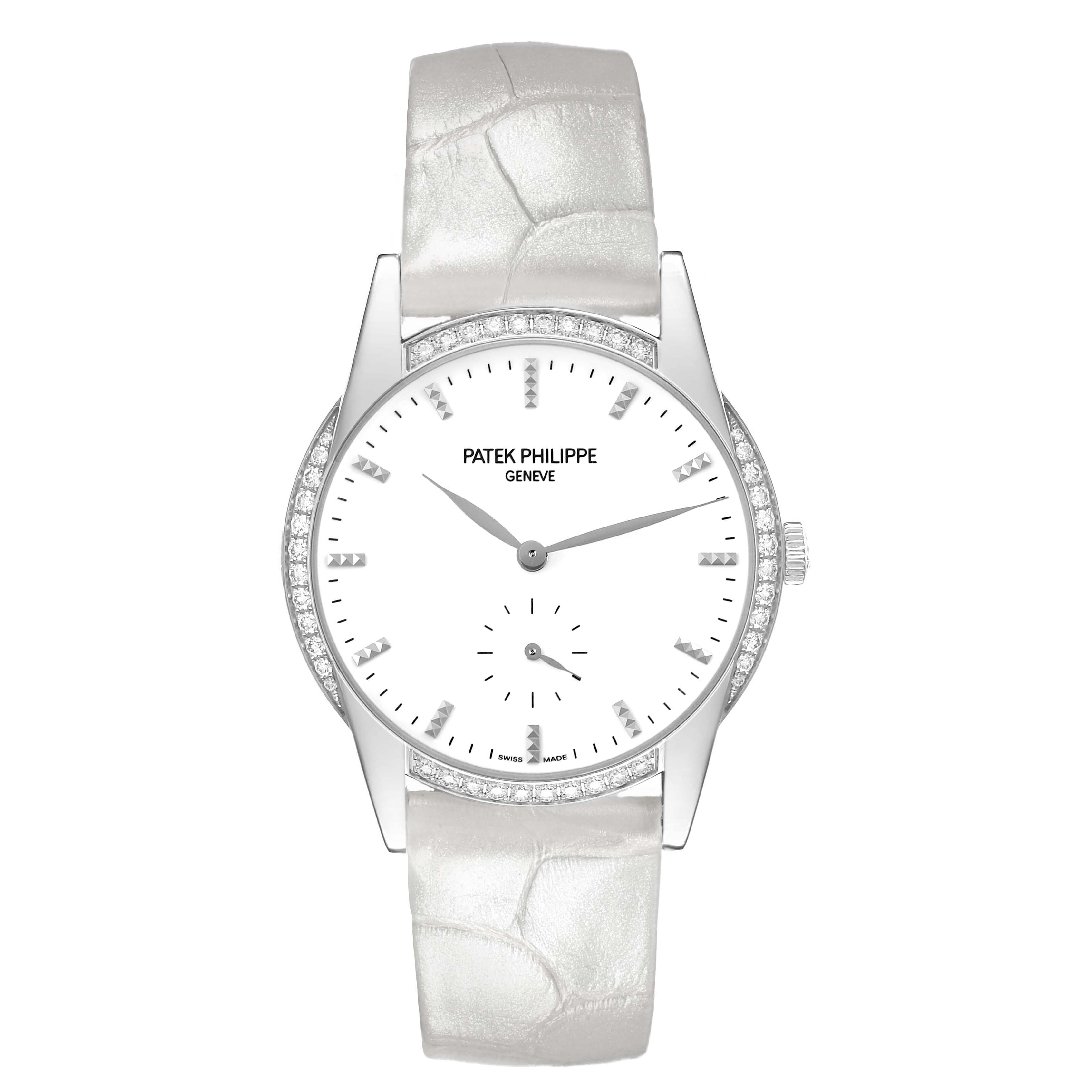 The image shows a front view of a Patek Philippe Calatrava 7122/200G-001 Women's White Gold White Dial watch, highlighting the dial, hands, bezel, and strap.