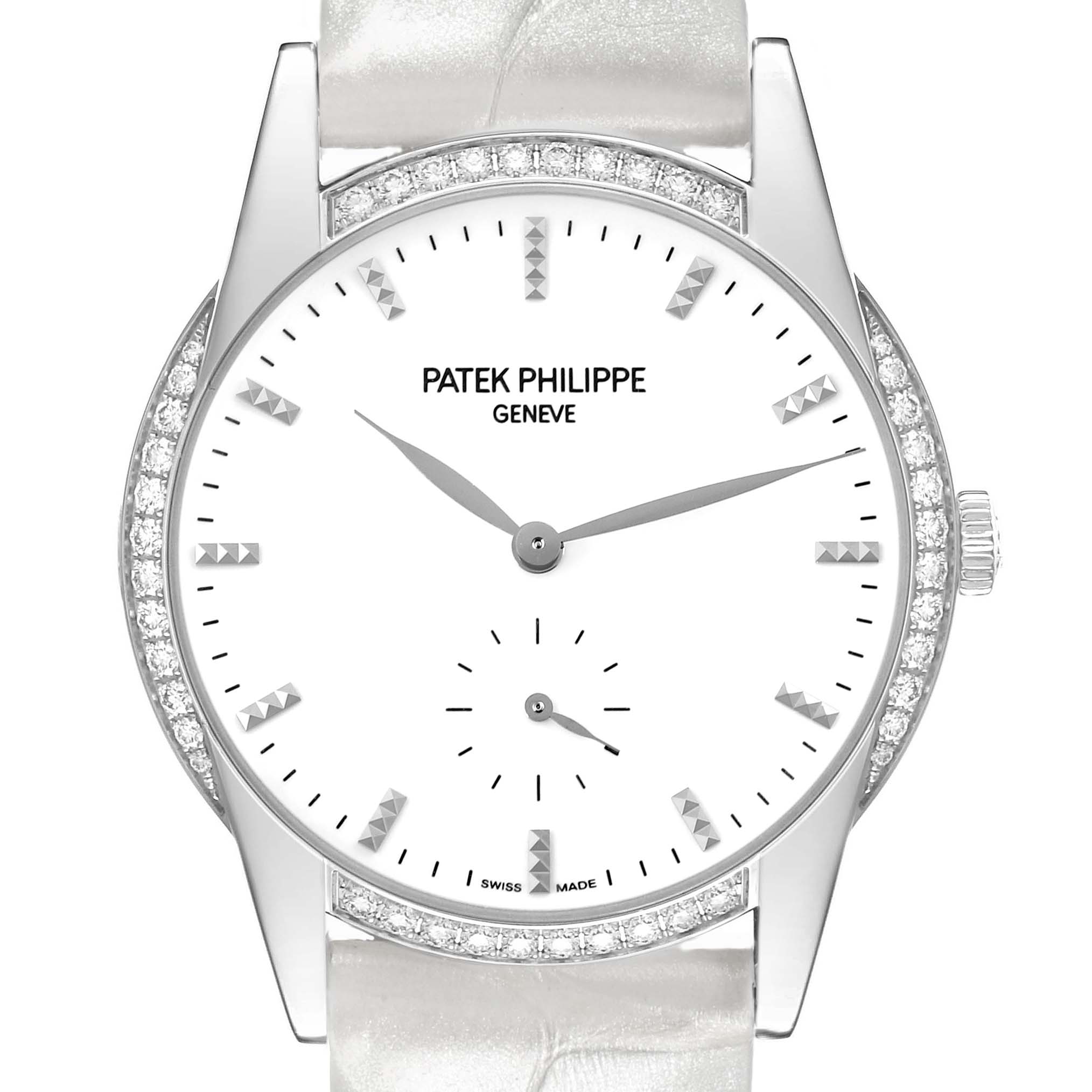 The Patek Philippe Calatrava 7122/200G-001 Women's White Gold White Dial watch is shown from a frontal angle, highlighting the dial, bezel, and crown.