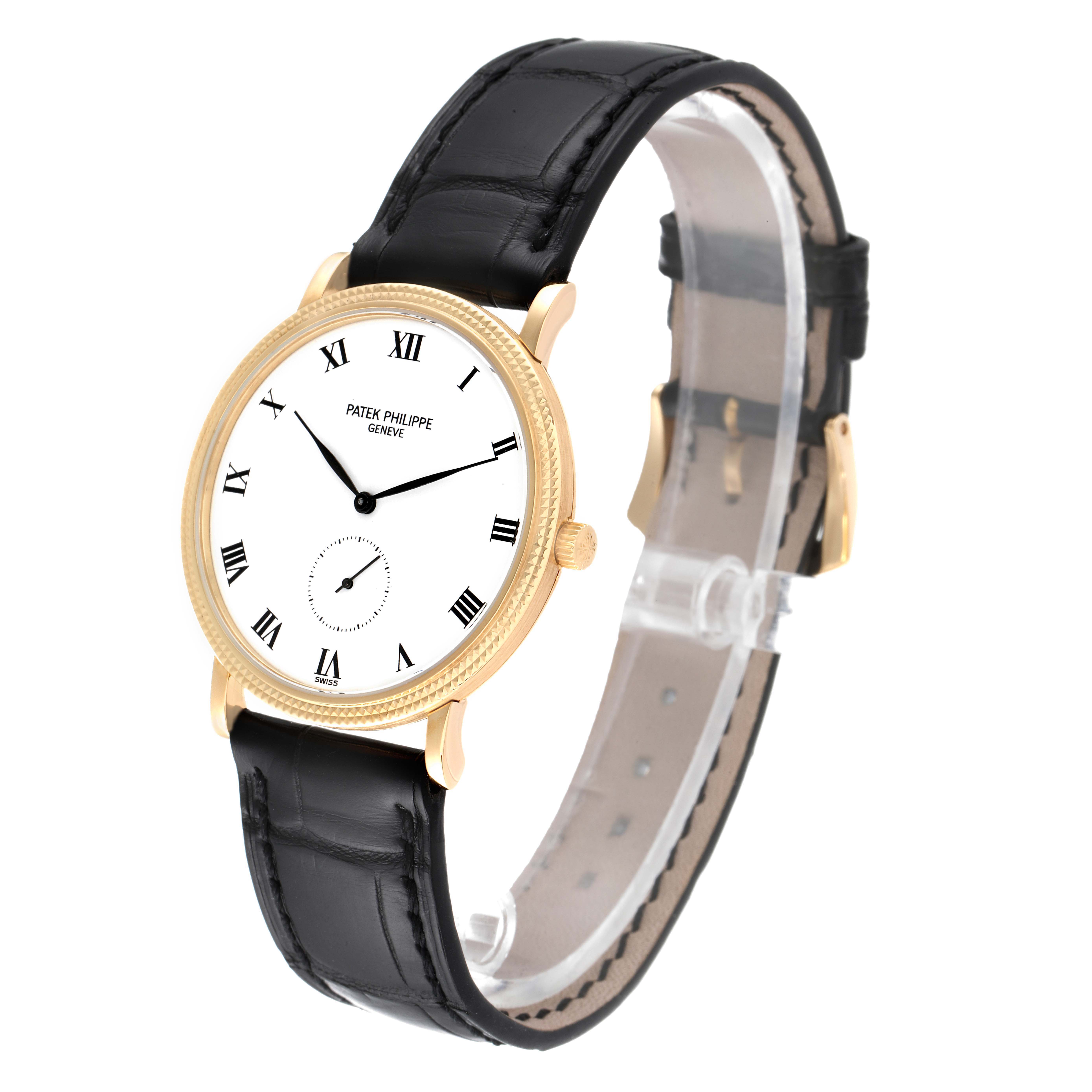 The Patek Philippe Calatrava 3919J Men's Yellow Gold White Dial 3919J Men's Yellow Gold White Dial watch is shown at a slight angle, revealing the dial, case, crown, and strap.