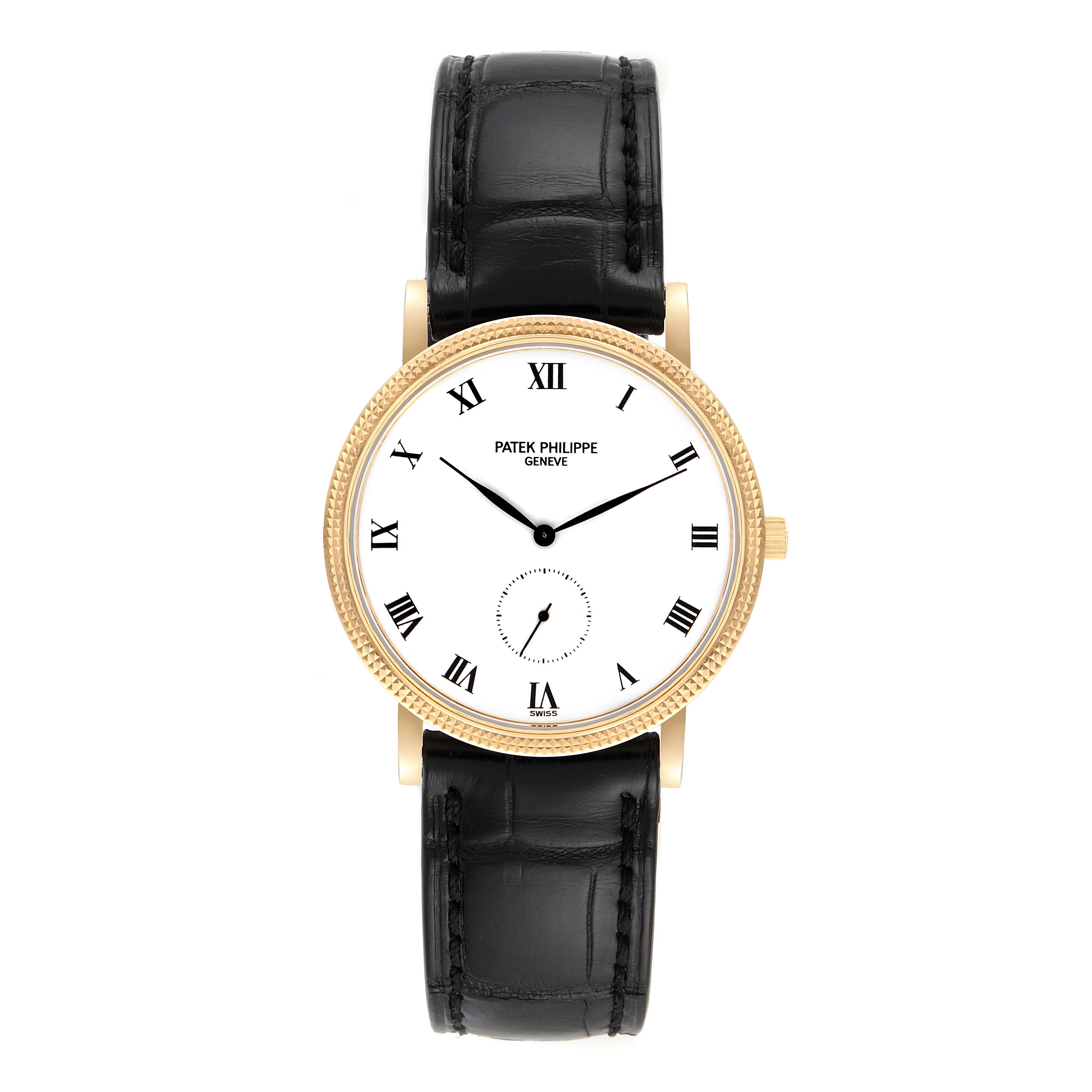 The image shows a frontal view of a Patek Philippe Calatrava 3919J Men's Yellow Gold White Dial 3919J Men's Yellow Gold White Dial watch with a white dial, black leather strap, and gold case.
