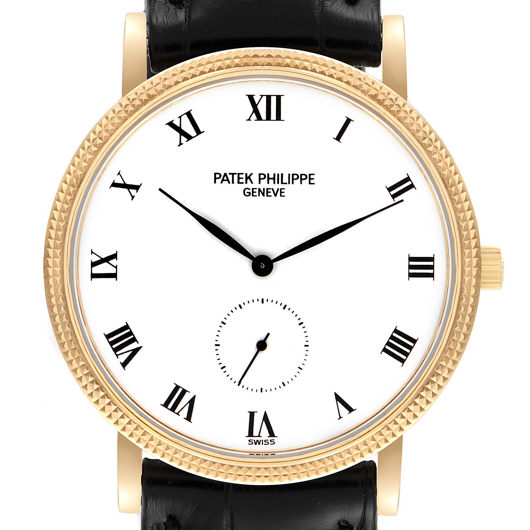 This image shows a front view of a Patek Philippe Calatrava 3919J Men's Yellow Gold White Dial 3919J Men's Yellow Gold White Dial watch with a gold bezel, white dial, and black leather strap.