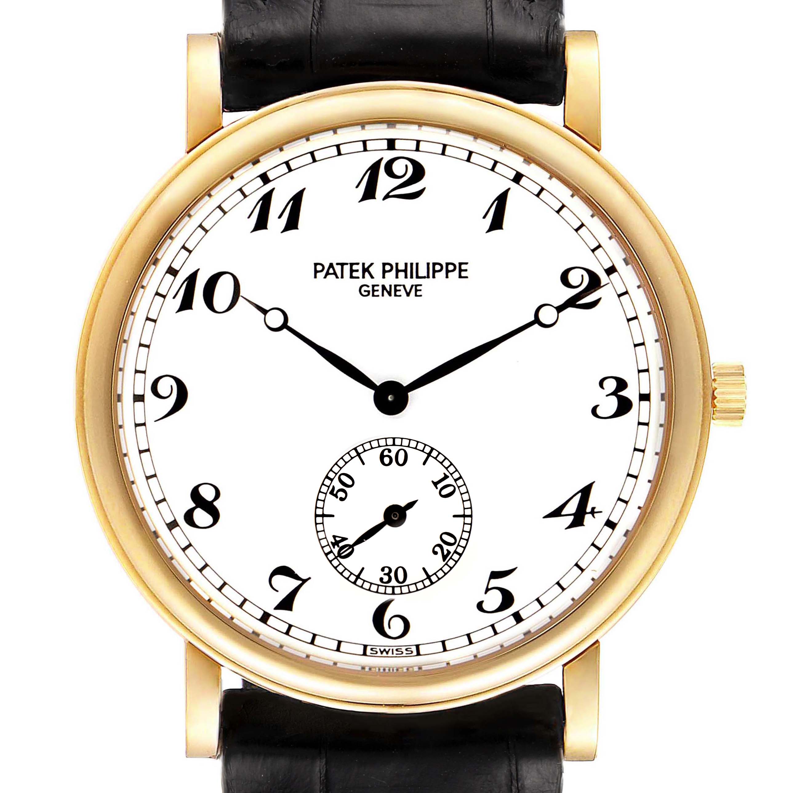 The image shows the front view of a Patek Philippe Calatrava 5022 Men's Yellow Gold White Dial 5022 Men's Yellow Gold White Dial watch with a white dial and black strap.