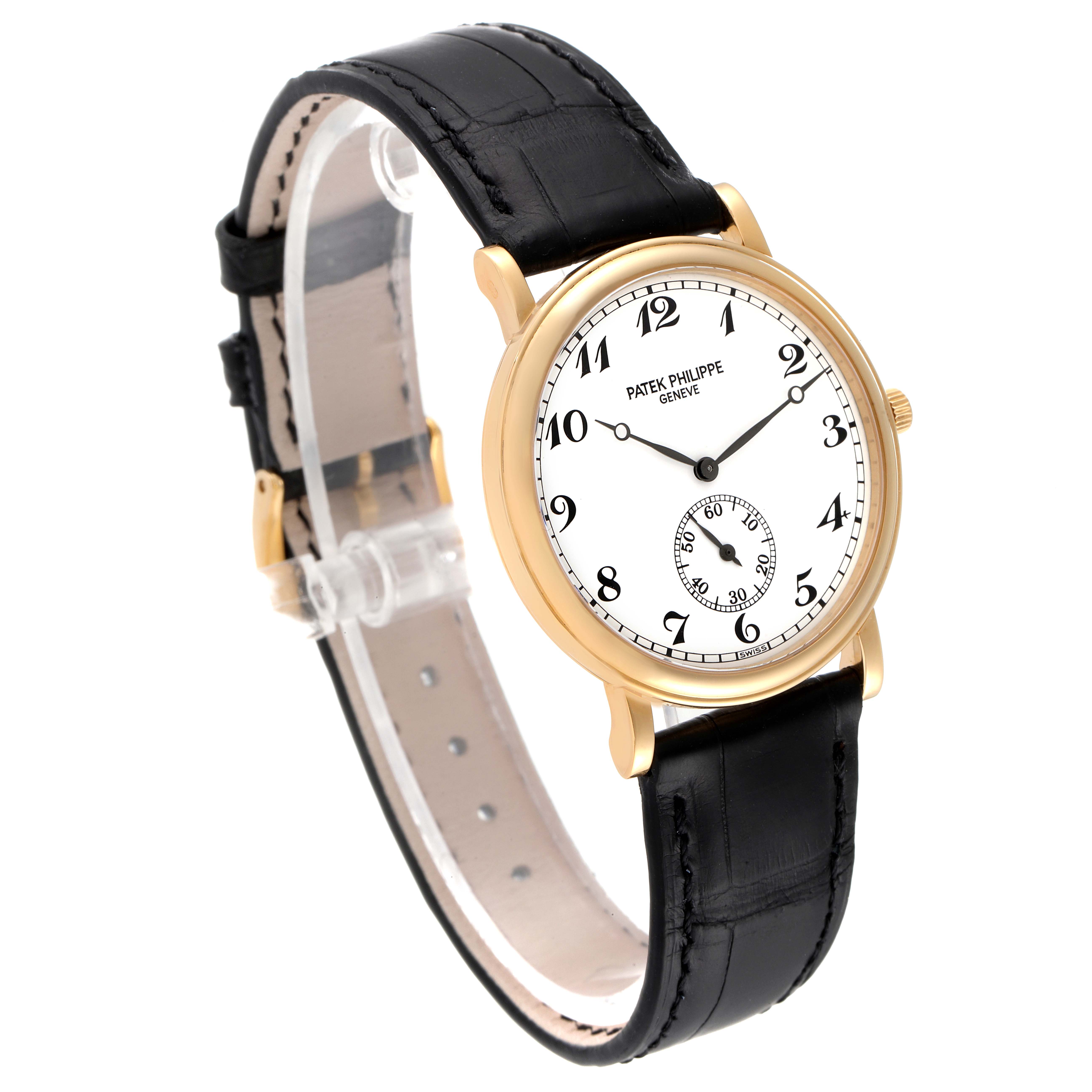 This image shows a front-side view of a Patek Philippe Calatrava 5022 Men's Yellow Gold White Dial 5022 Men's Yellow Gold White Dial watch with a leather strap and a white dial.