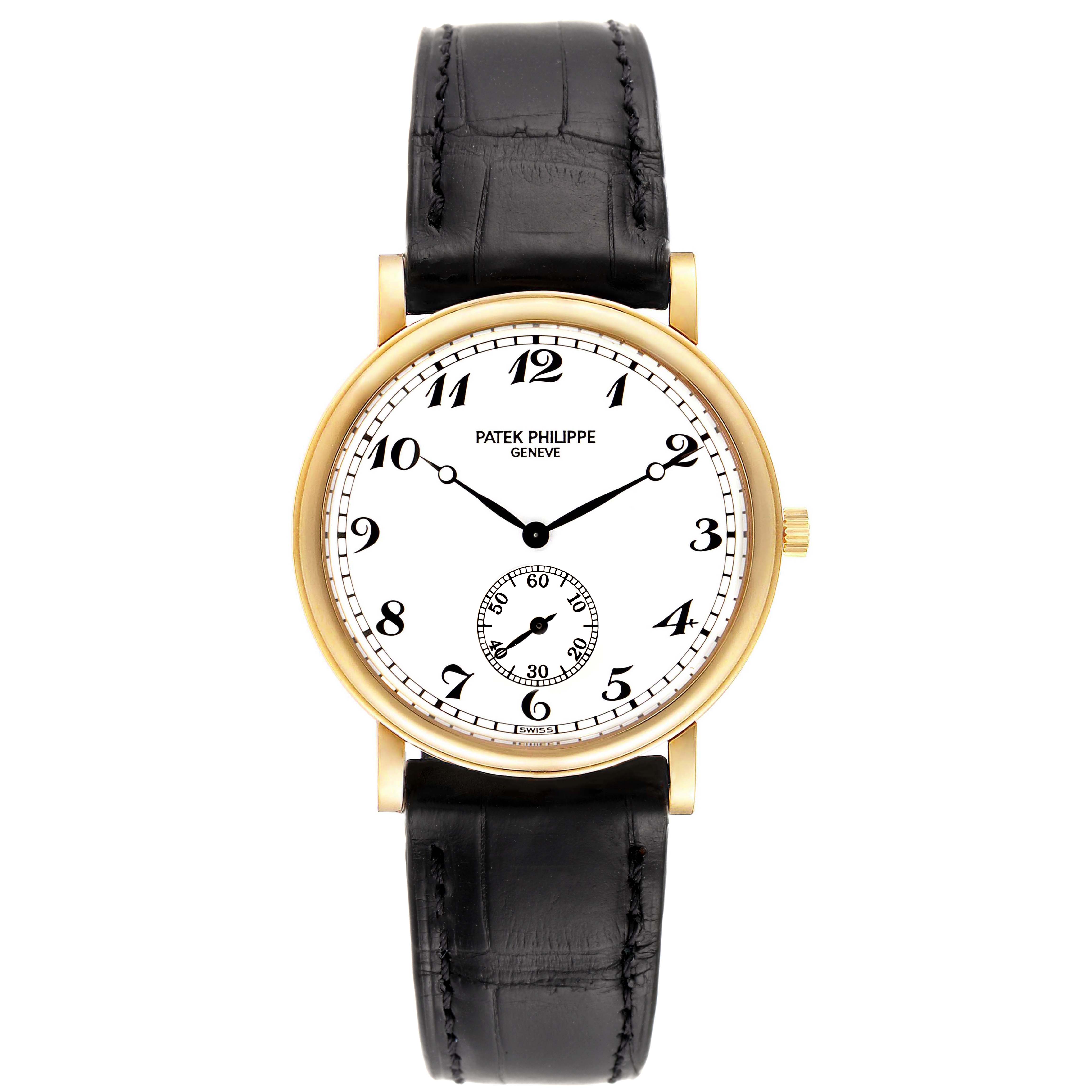 The image shows a front view of a Patek Philippe Calatrava 5022 Men's Yellow Gold White Dial 5022 Men's Yellow Gold White Dial watch with a white dial, black numerals, and a black leather strap.