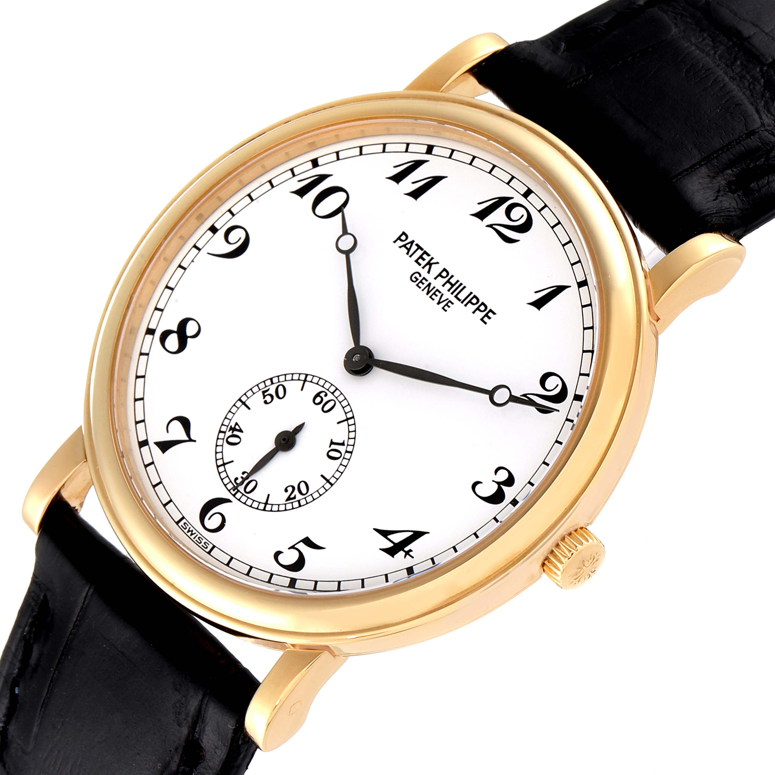 This Patek Philippe Calatrava 5022 Men's Yellow Gold White Dial 5022 Men's Yellow Gold White Dial watch is shown from a front angle, displaying its dial, case, and leather strap.