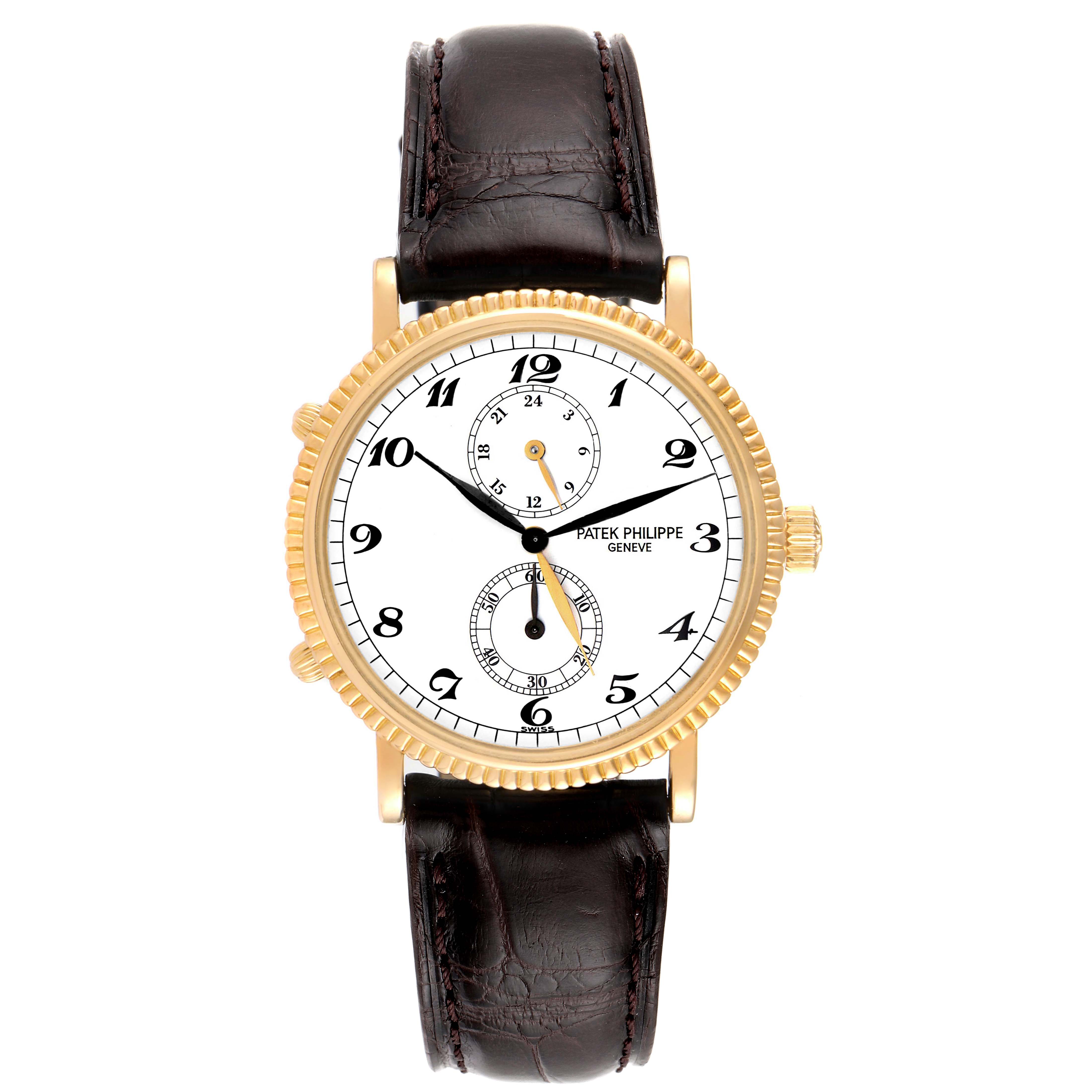 The image shows a front view of the Patek Philippe Calatrava 5034J Men
s Yellow Gold White Dial 5034J Men
s Yellow Gold White Dial watch with a white dial and brown leather strap.