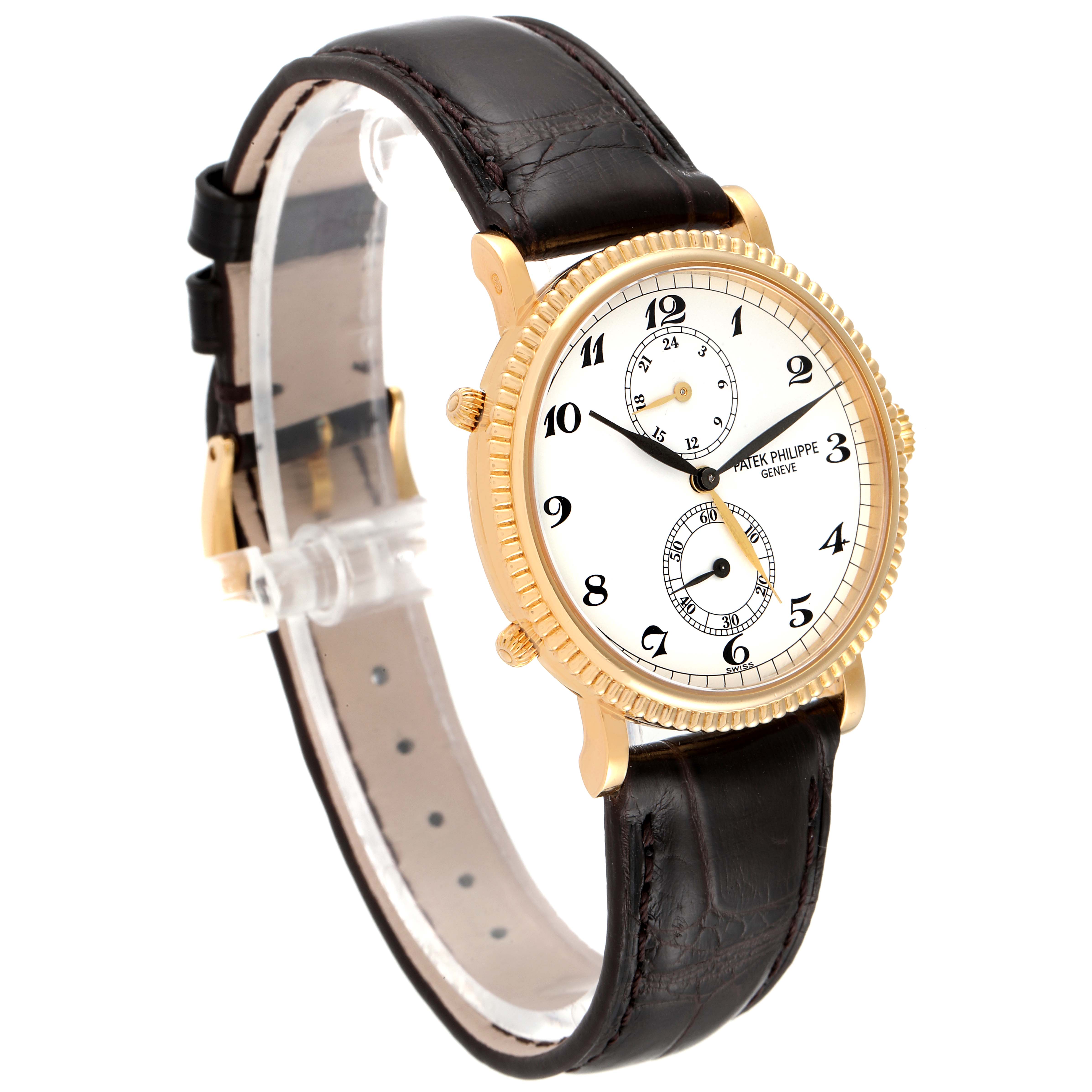 The image shows a Patek Philippe Calatrava 5034J Men
s Yellow Gold White Dial 5034J Men
s Yellow Gold White Dial watch at an angle showcasing its face, case, and leather strap.