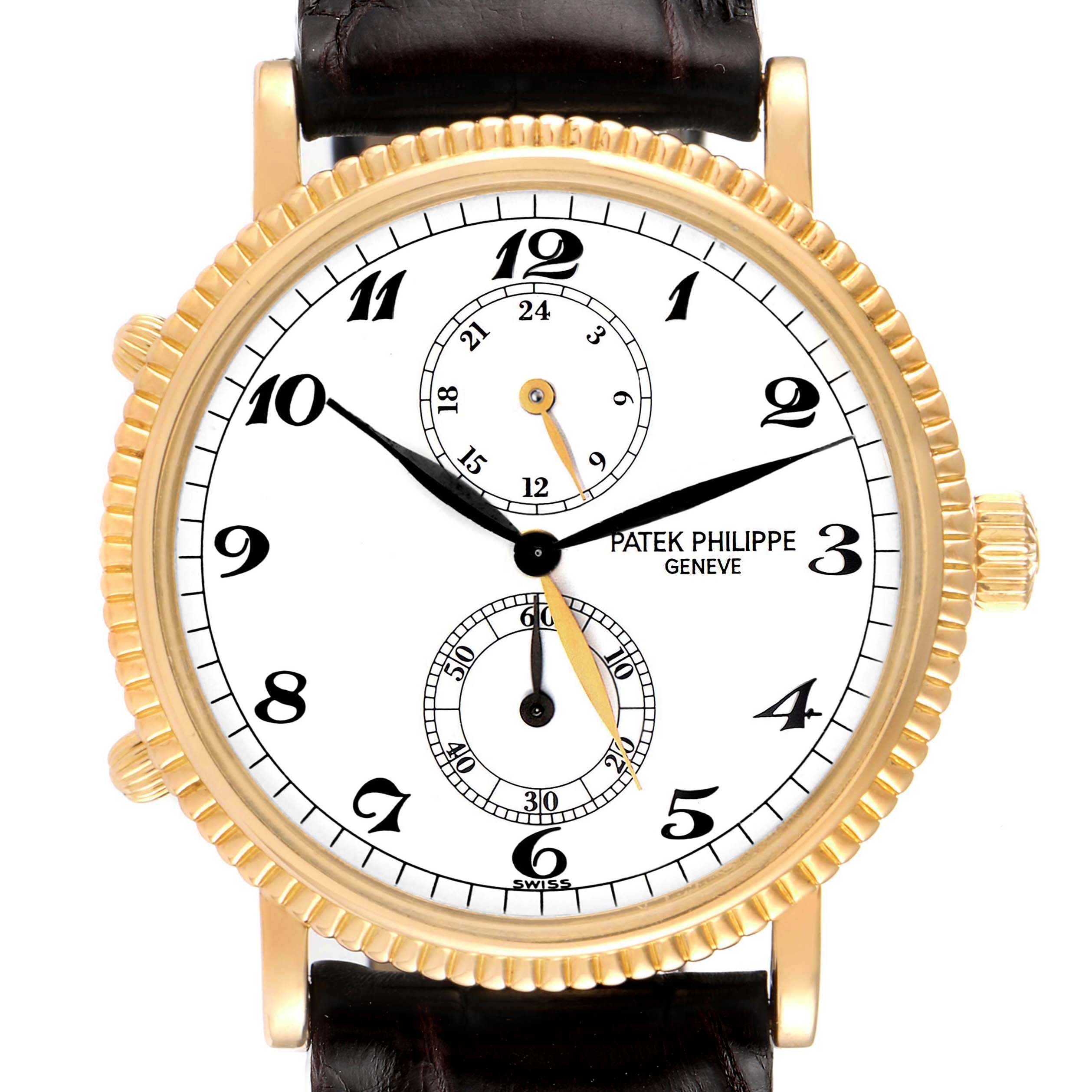 This image shows a frontal view of a Patek Philippe Calatrava 5034J Men
s Yellow Gold White Dial 5034J Men
s Yellow Gold White Dial watch, highlighting its face, bezel, crown, lugs, and strap.